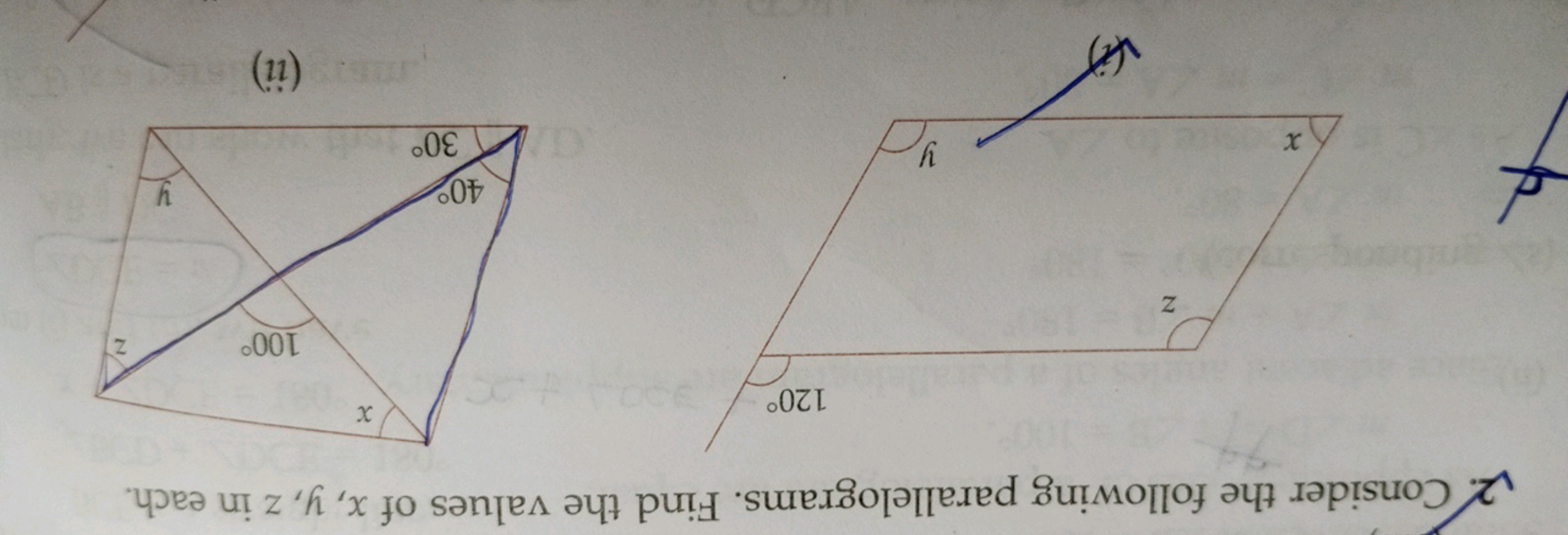 2. Consider the following parallelograms. Find the values of x,y,z in 