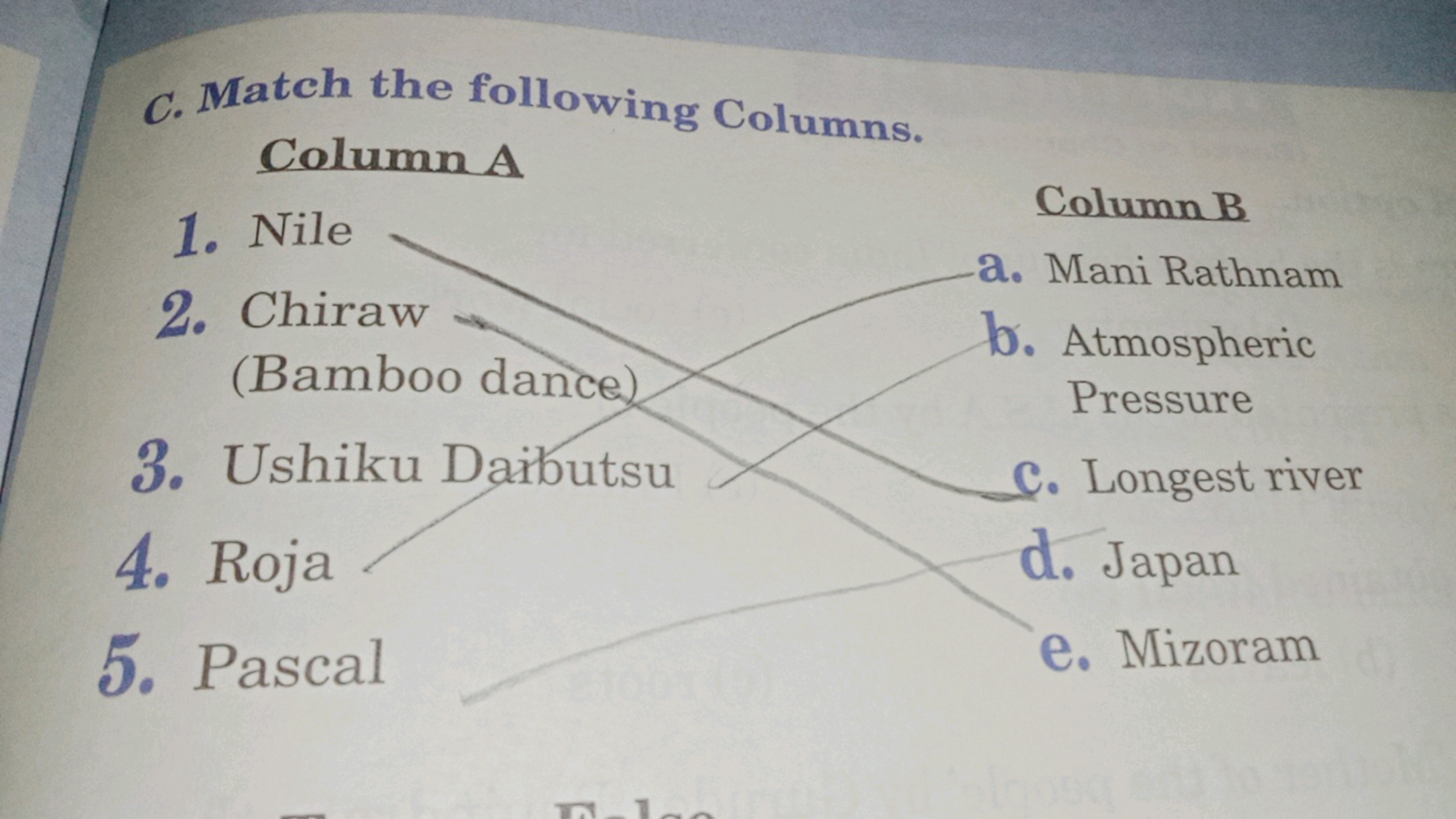 C. Match the following Columns.

Column A
1. Nile 
2. Chiraw  (Bamboo 