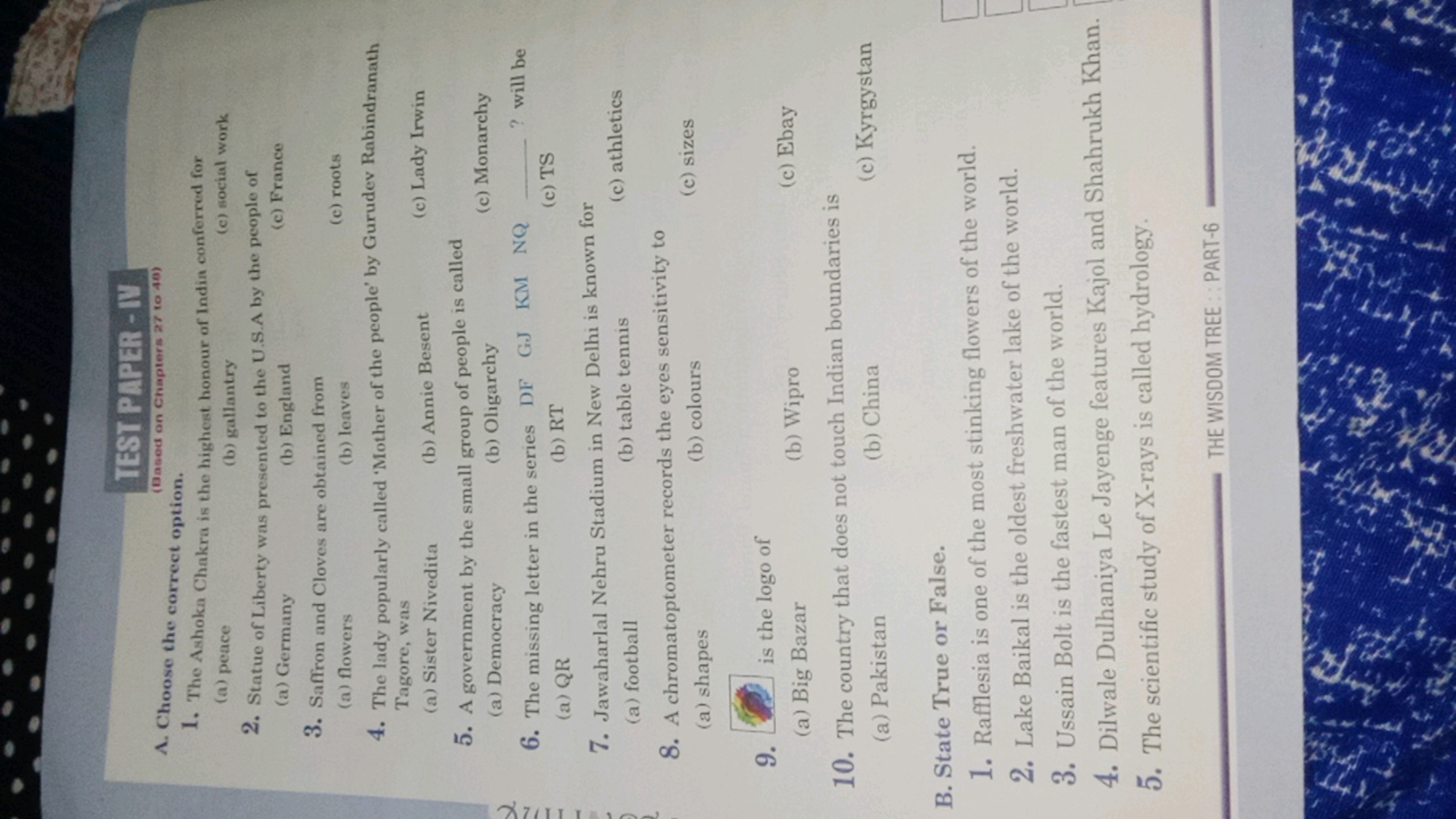 TEST PAPER-IV
(Based on Chapters 27 to 40)
A. Choose the correct optio