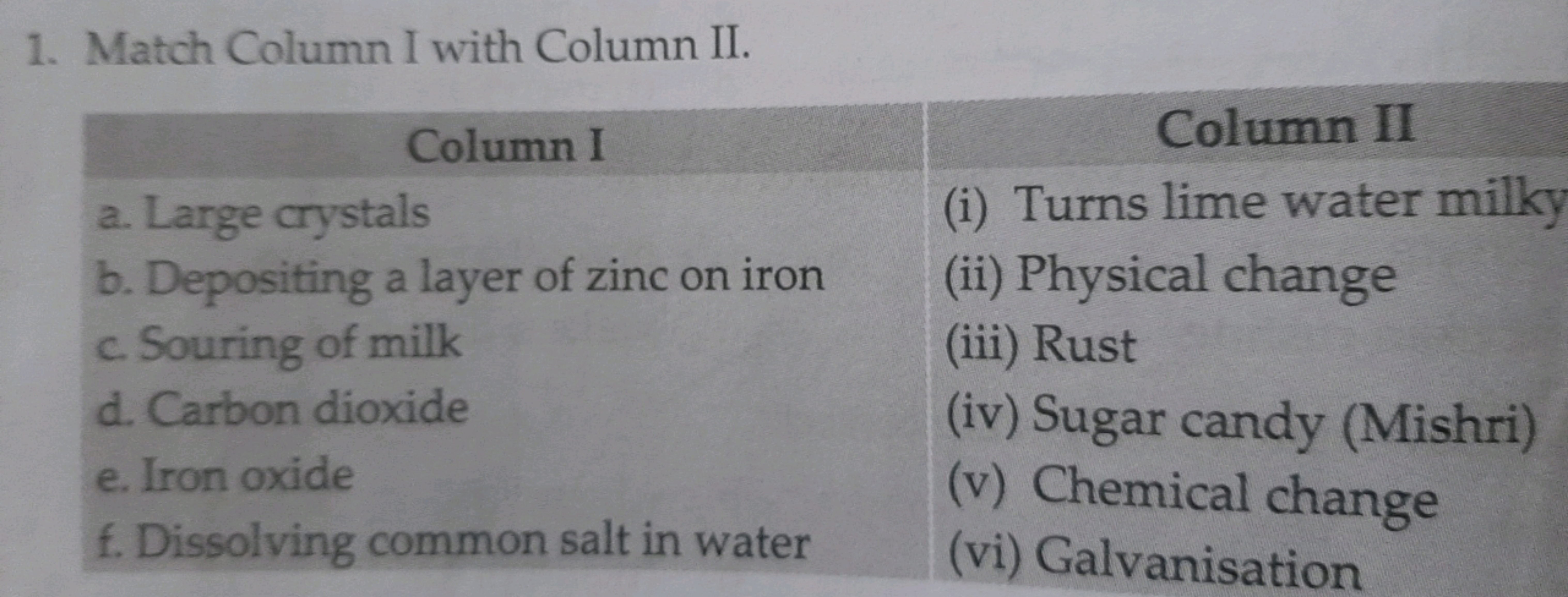 1. Match Column I with Column II.
\begin{tabular} { l | l } 
\multicol