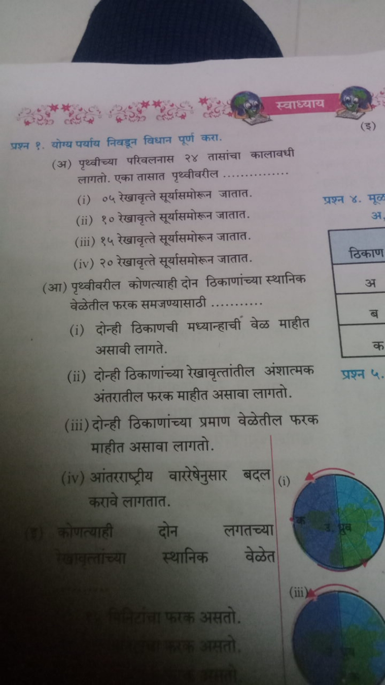 स्वाध्याय

प्रश्न १. योग्य पर्याय निवडून विधान पूर्ण करा.
(अ) पृथ्वीच्