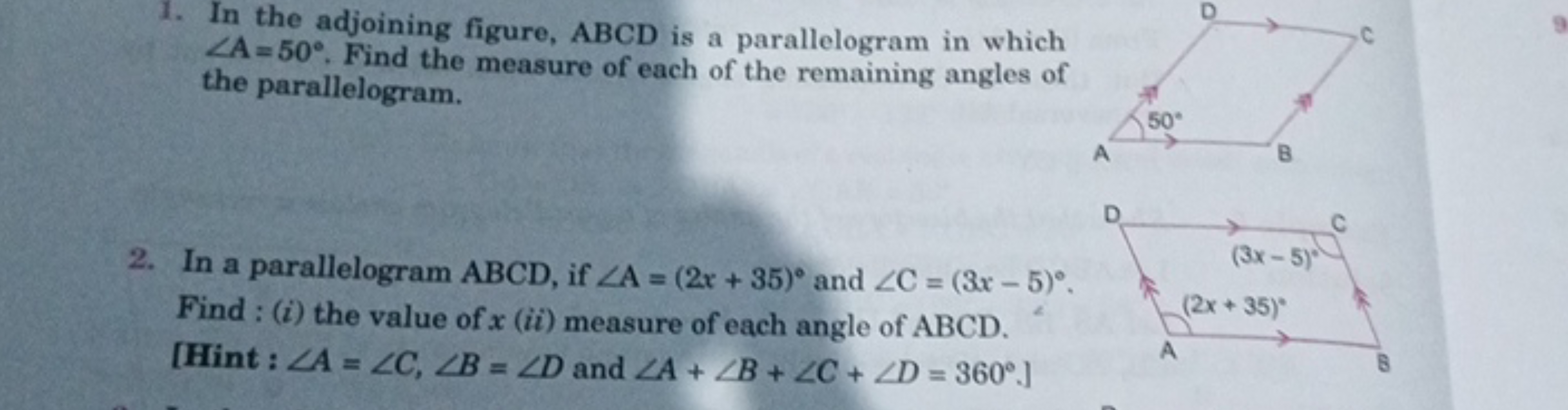 1. In the adjoining figure, ABCD is a parallelogram in which ∠A=50∘. F