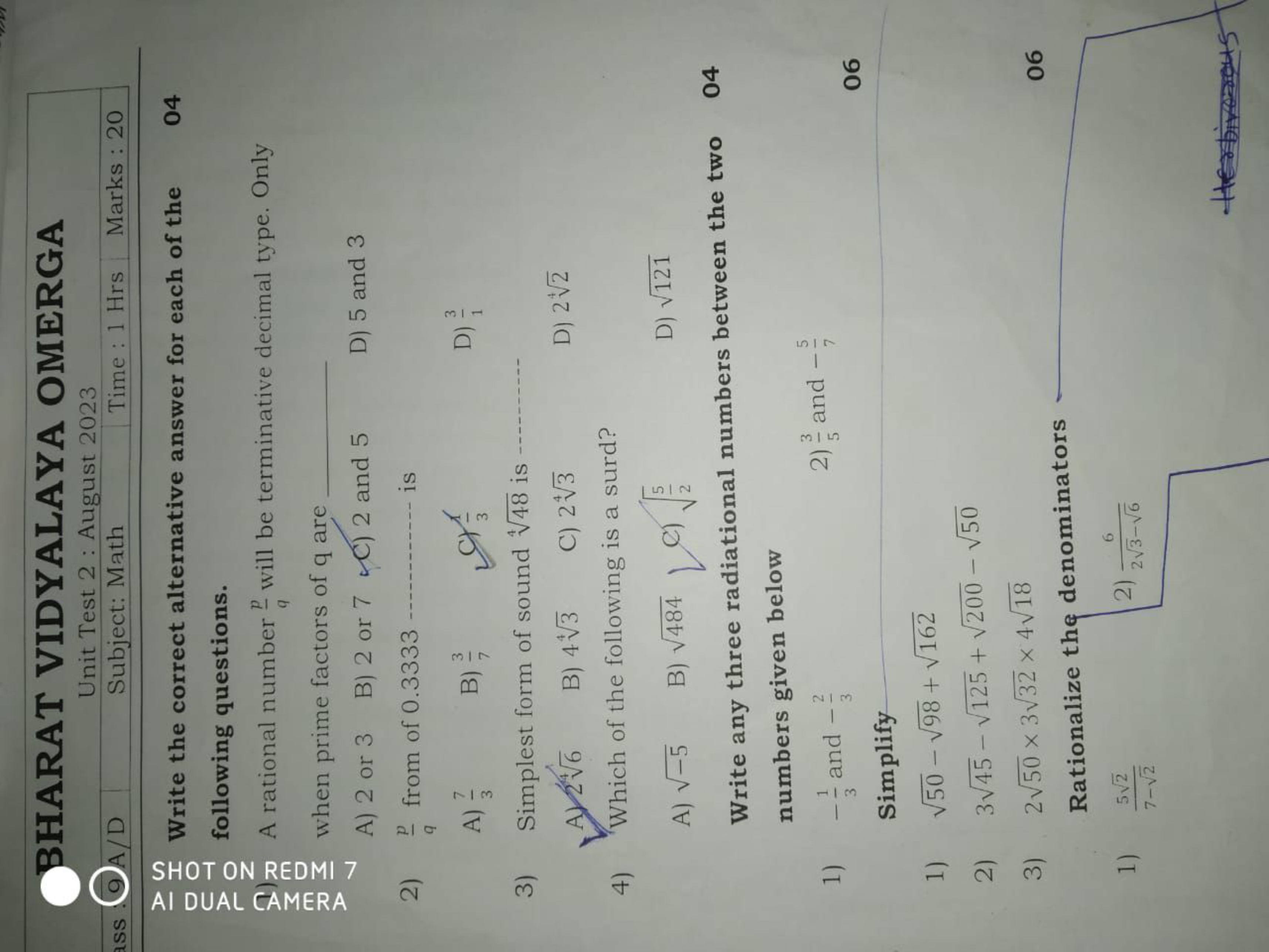 BHARAT VIDYALAYA OMERGA
(9/D
Unit Test 2 : August 2023
Subject: Math
T