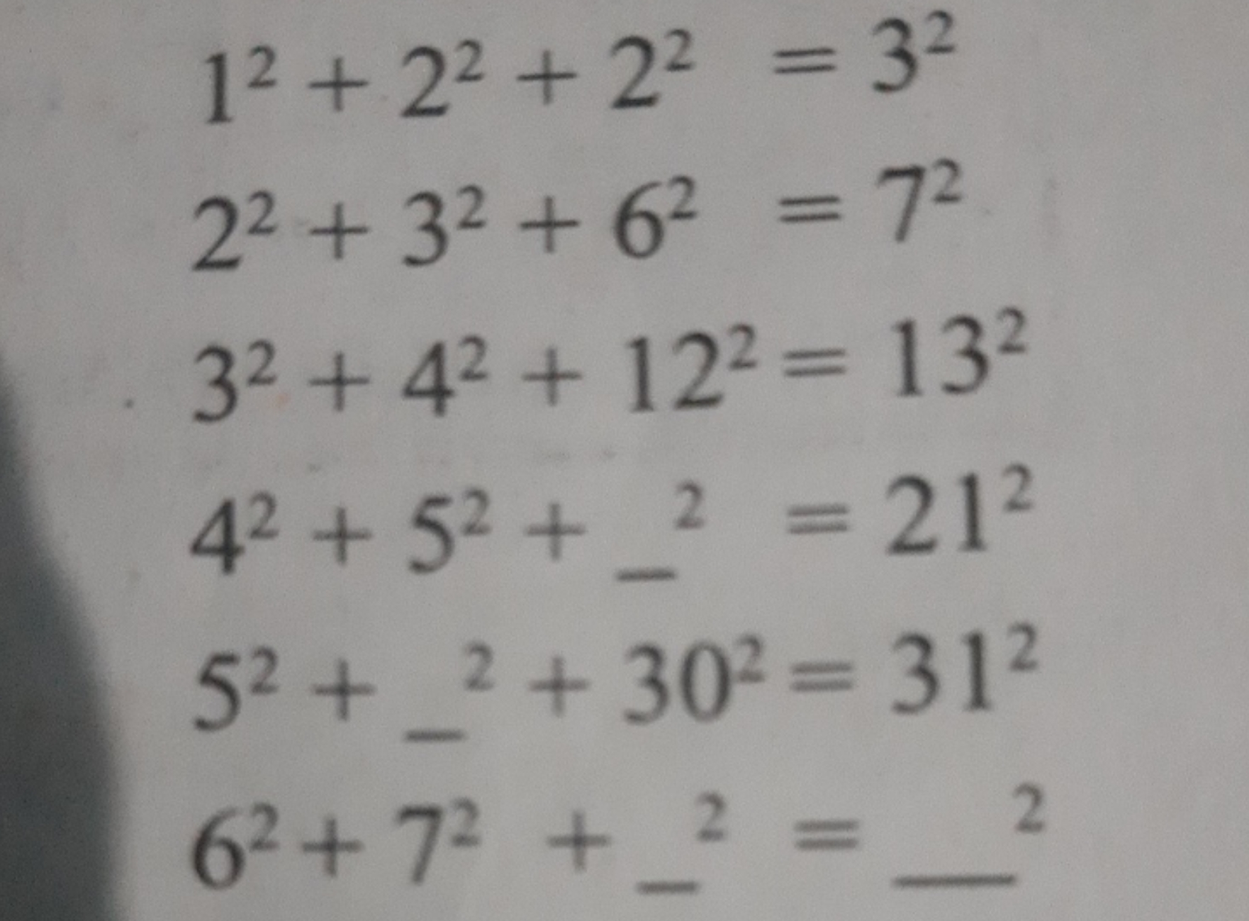 12+22+22=3222+32+62=7232+42+122=13242+52+z2=21252++2+302=31262+72+z2=z