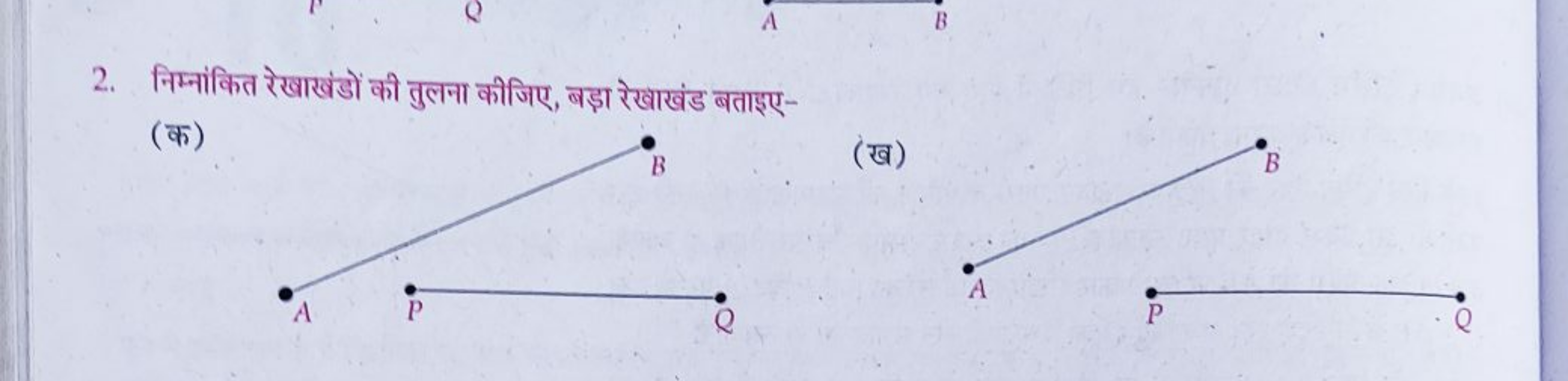 2. निम्नांकित रेखाखंडों की तुलना कीजिए, बड़ा रेखाखंड बताइए-
(क)
(ख)