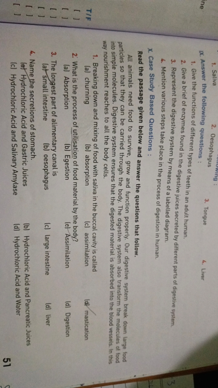 1. Saliva
2. Oesophagus
IX. Answer the following questions :
3. Tongue