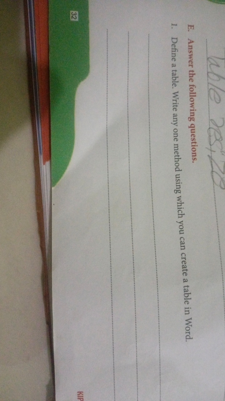 E. Answer the following questions.
1. Define a table. Write any one me