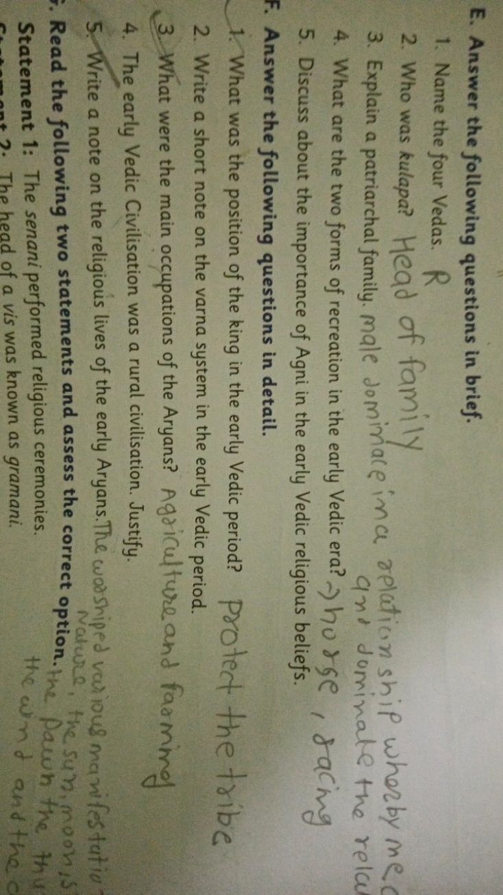 E. Answer the following questions in brief.
1. Name the four Vedas.
2.