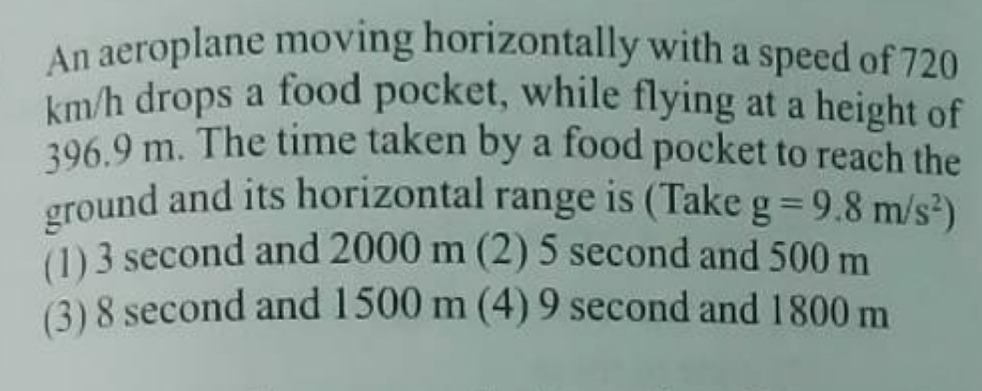 An aeroplane moving horizontally with a speed of 720 km/h drops a food