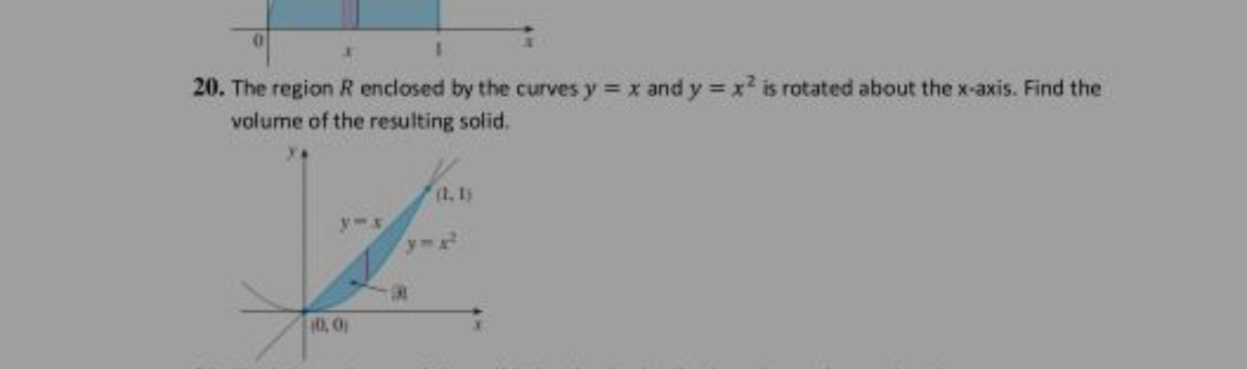 
20. The region R enclosed by the curves y=x and y=x2 is rotated about