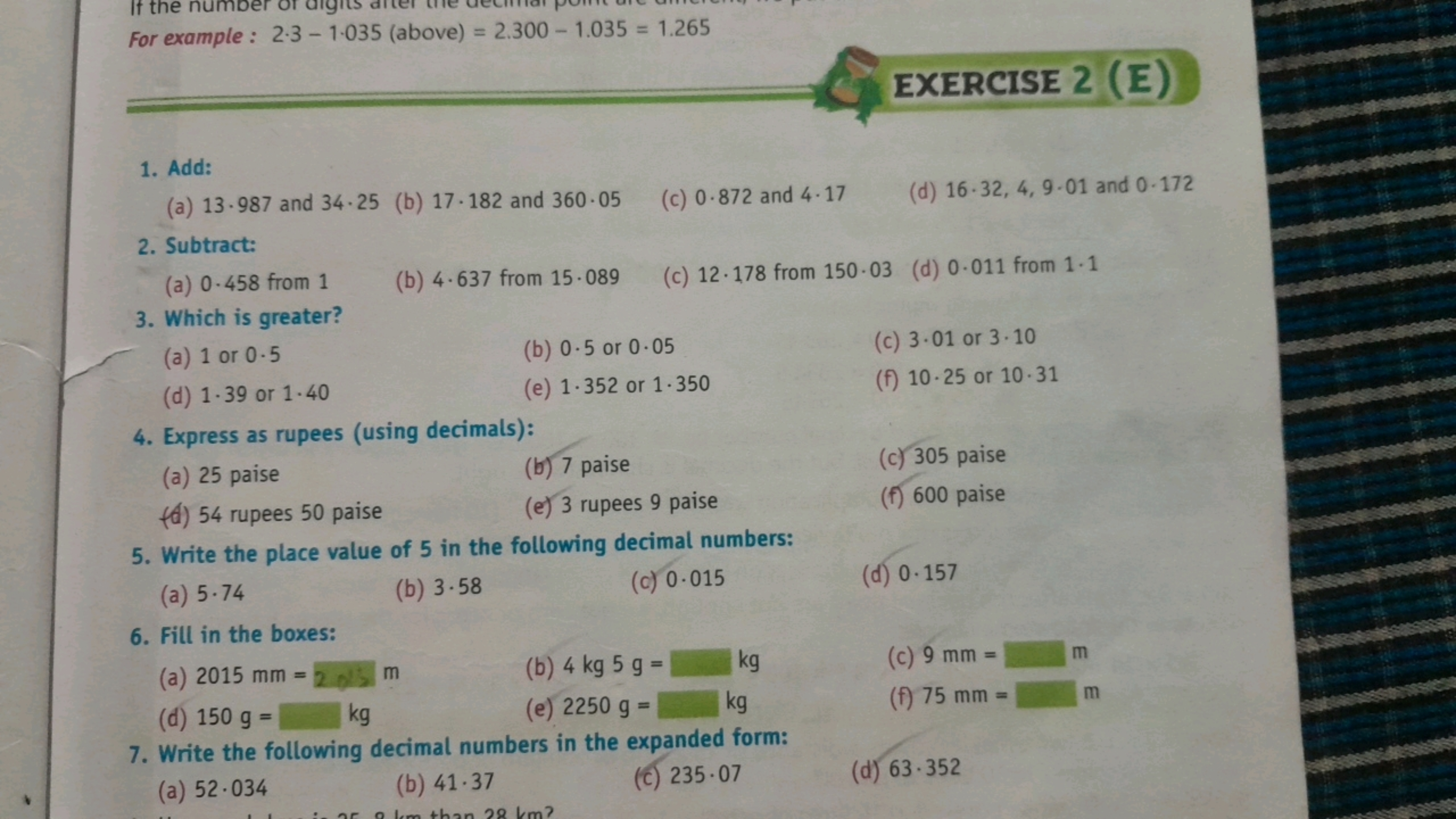 For example : 2.3−1.035 (above) =2.300−1.035=1.265
EXERCISE 2 (E)
1. A