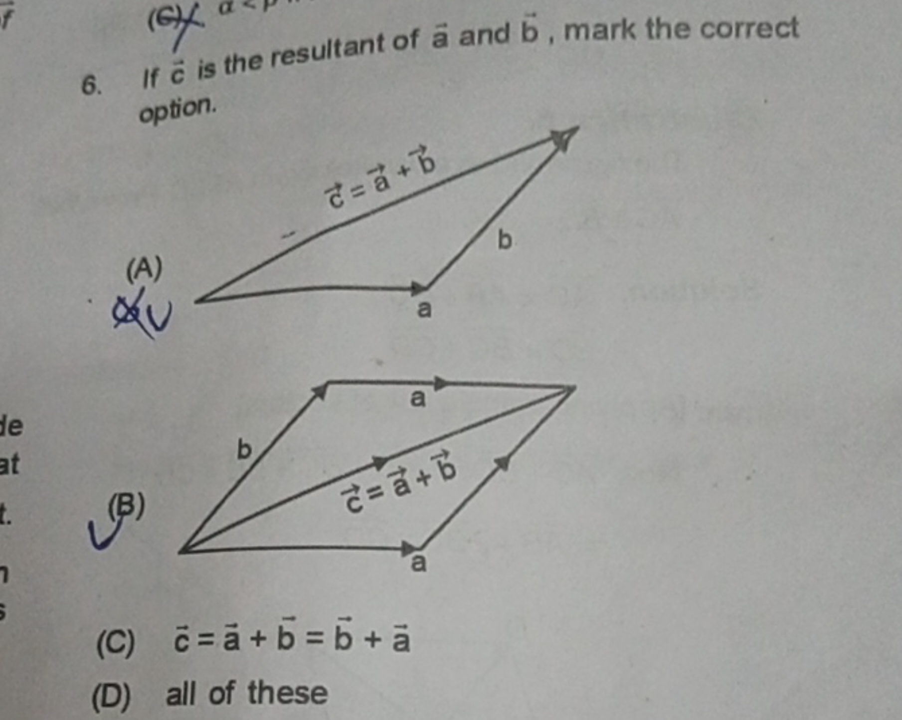 6. If c is the resultant of a and b, mark the correct option.
(A)
(B)
