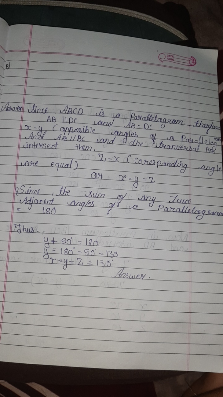 
DartB)

Answer Since ABCD is a parallelogram, therfare
x=y△DC apposib