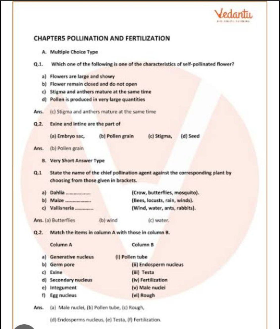 Vedantu

CHAPTER5 POLLINATION AND FERTILIZATION
A. Multiple Choice Typ