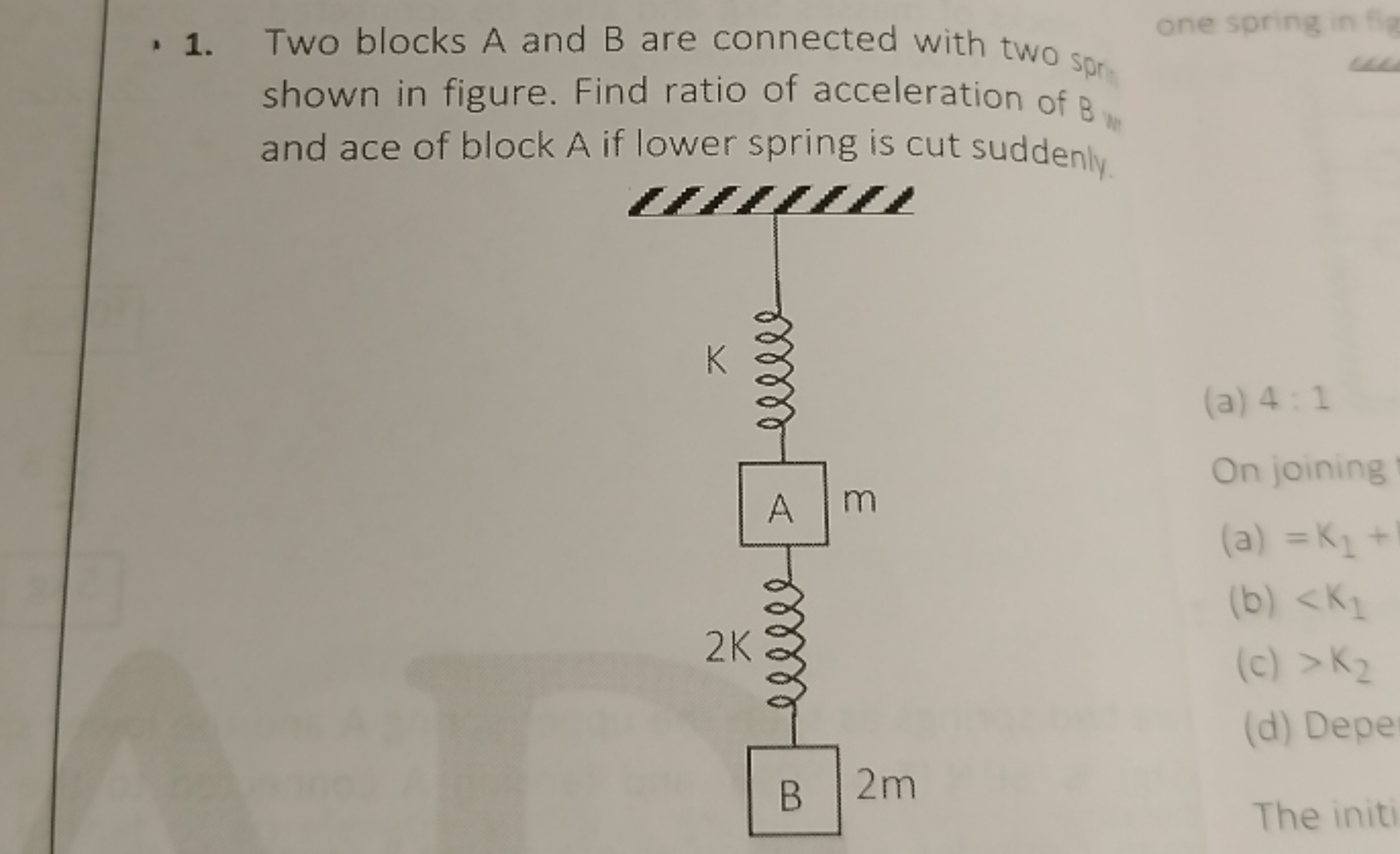 1. Two blocks A and B are connected with two spry. shown in figure. Fi