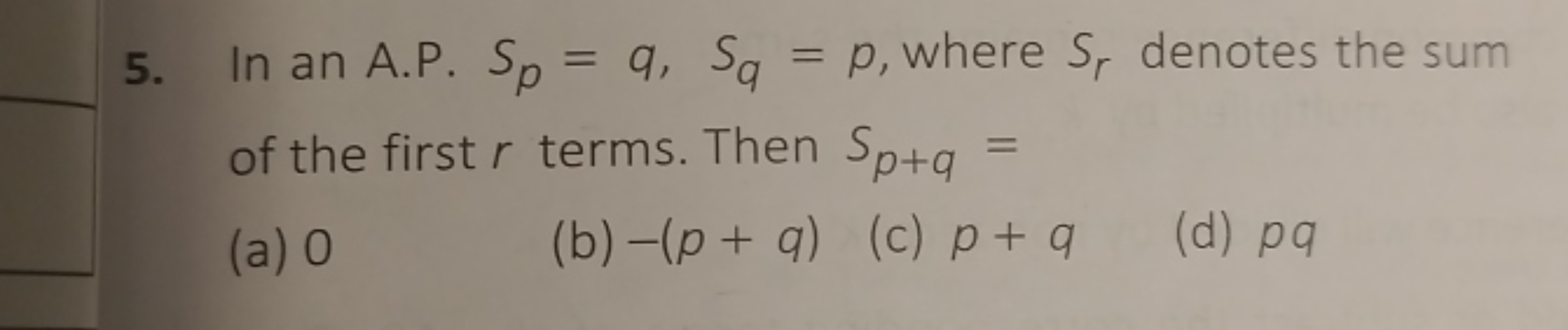 5. In an A.P. Sp​=q,Sq​=p, where Sr​ denotes the sum of the first r te