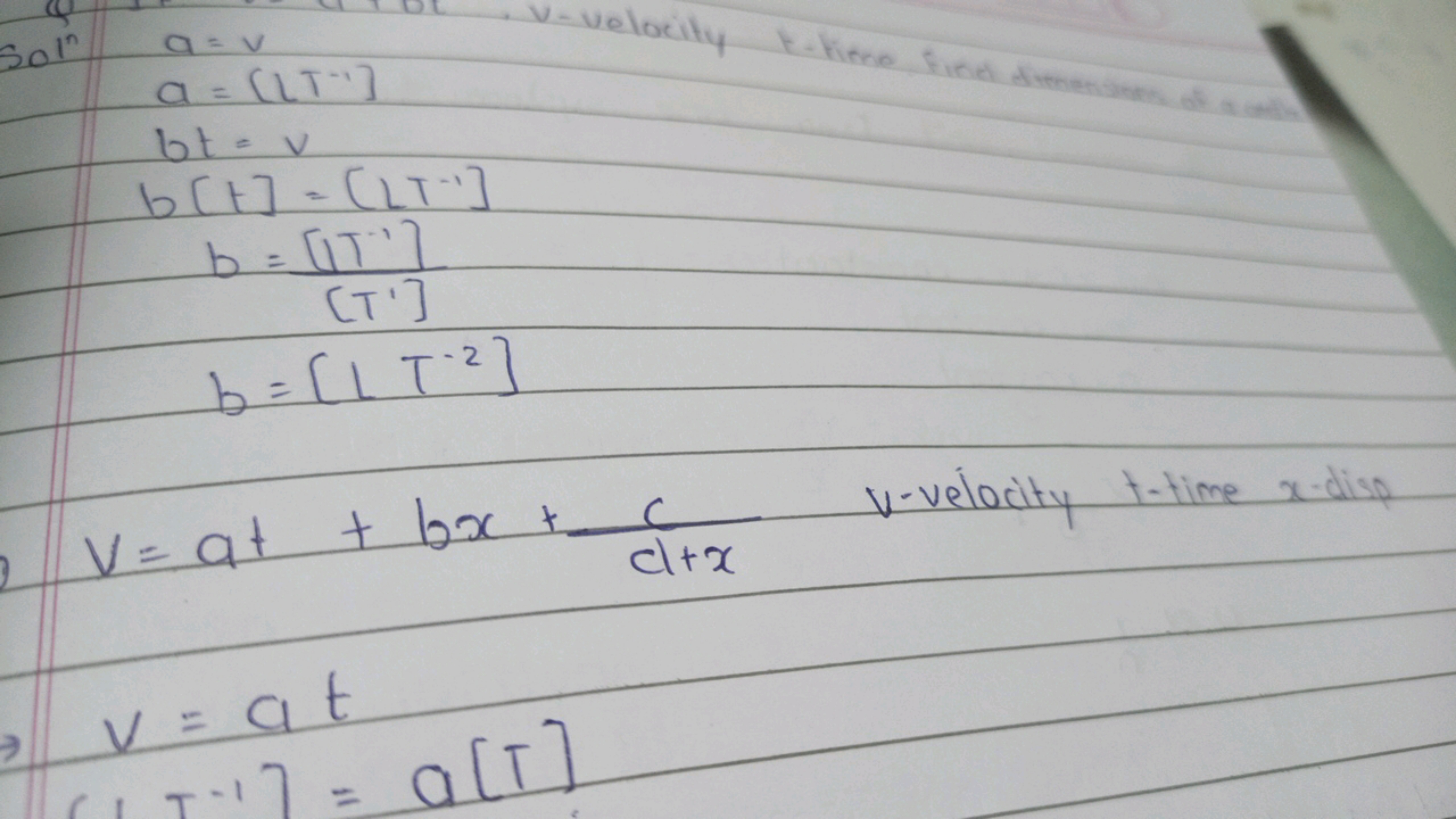 Soln
\[
\begin{array} { l } 
a = v \\
a = \left[ L T ^ { - 1 } \right]