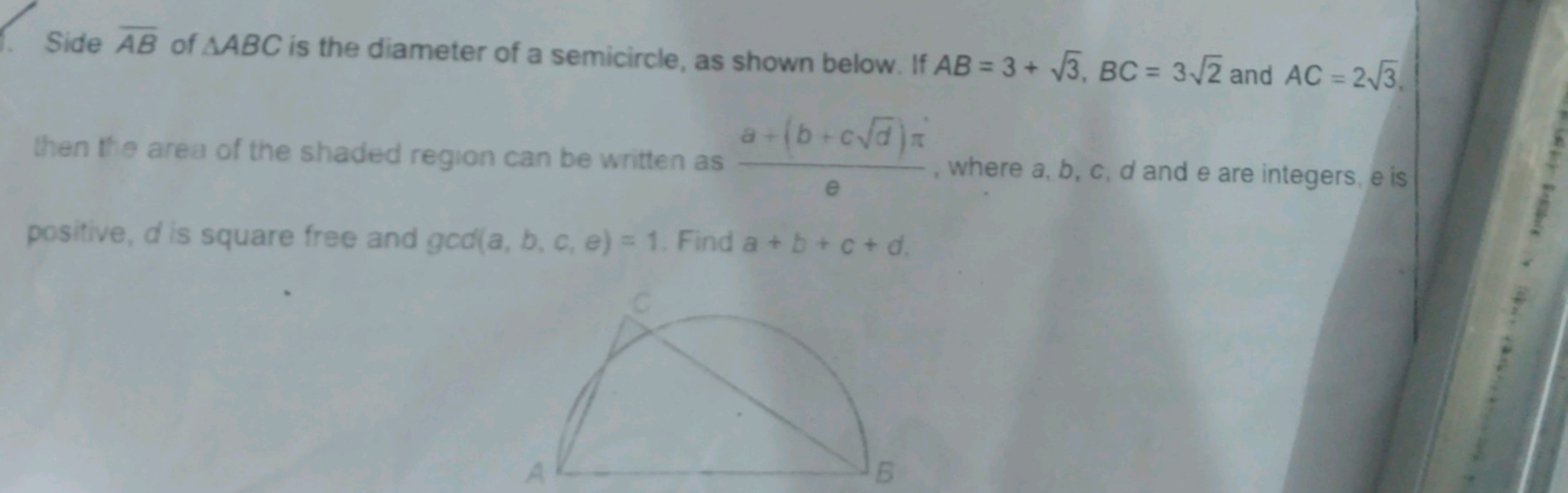 Side AB of △ABC is the diameter of a semicircle, as shown below. If AB