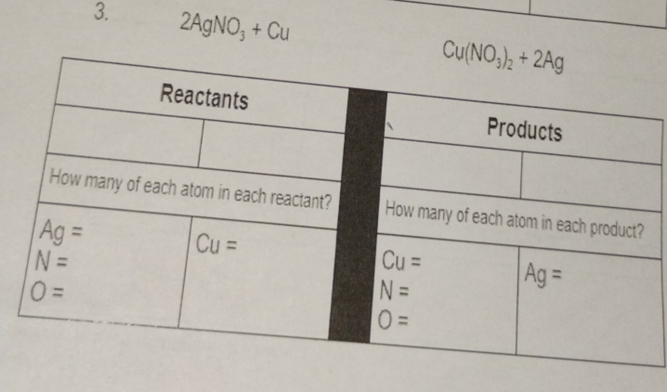 3. 2AgNO3​+Cu
Cu(NO3​)2​+2Ag
\begin{tabular} { | l | l | l | l | } 
\h