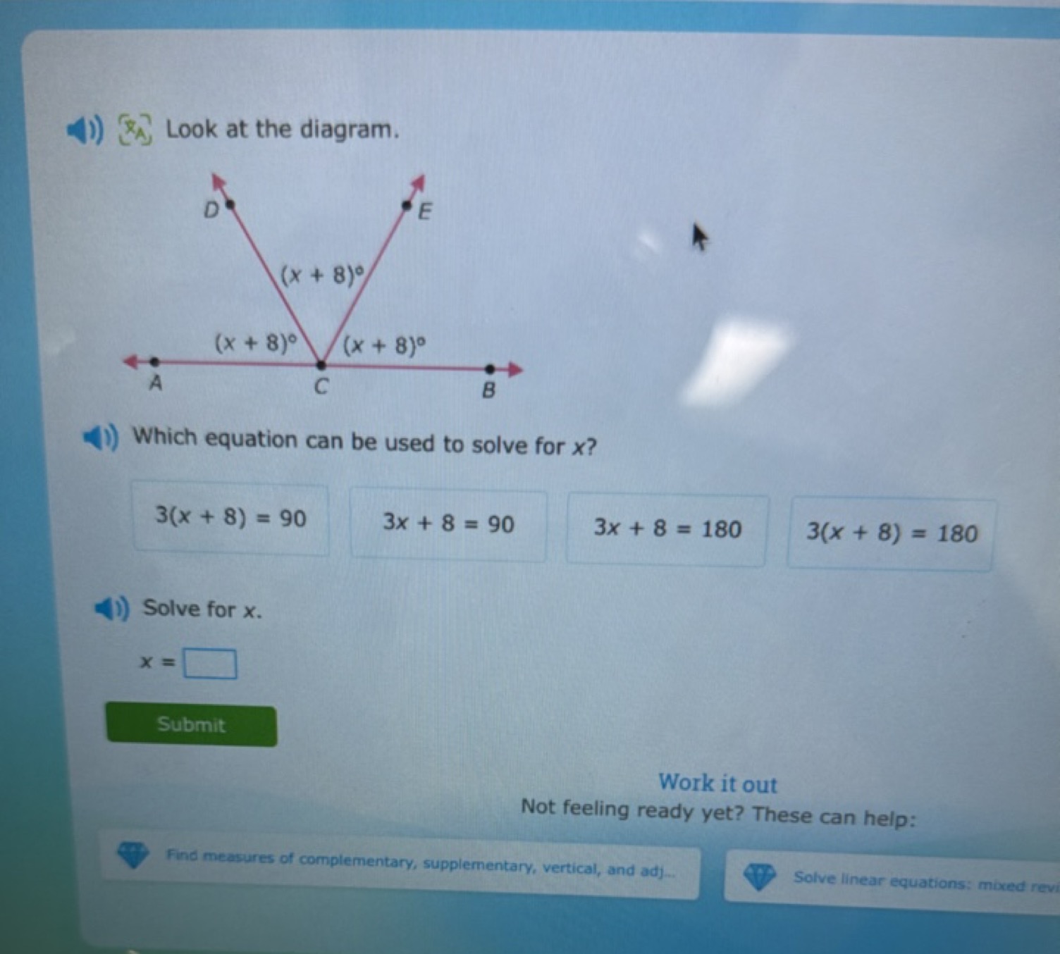 [i]. Look at the diagram.

Which equation can be used to solve for x ?