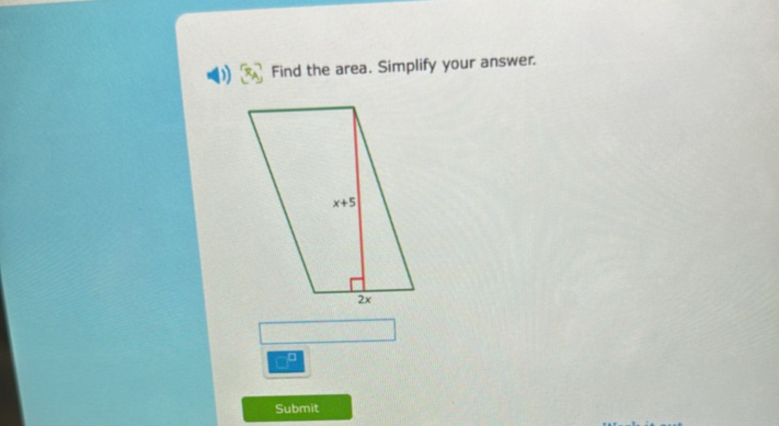 (x)], Find the area. Simplify your answer. □
Submit