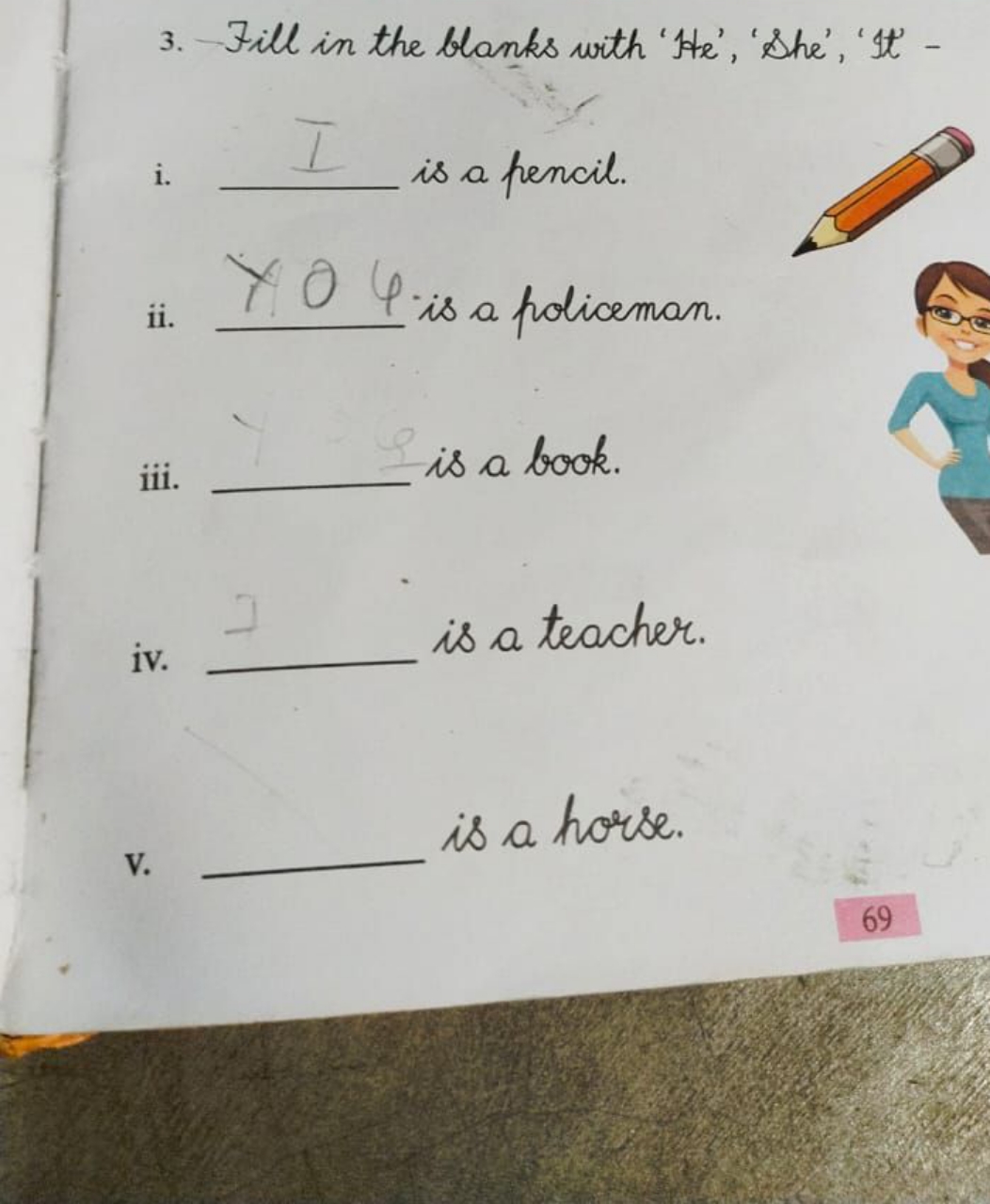 3. Fill in the blanks with 'Ie', 'She', 'It -
i.  I is a pencil.
ii.  