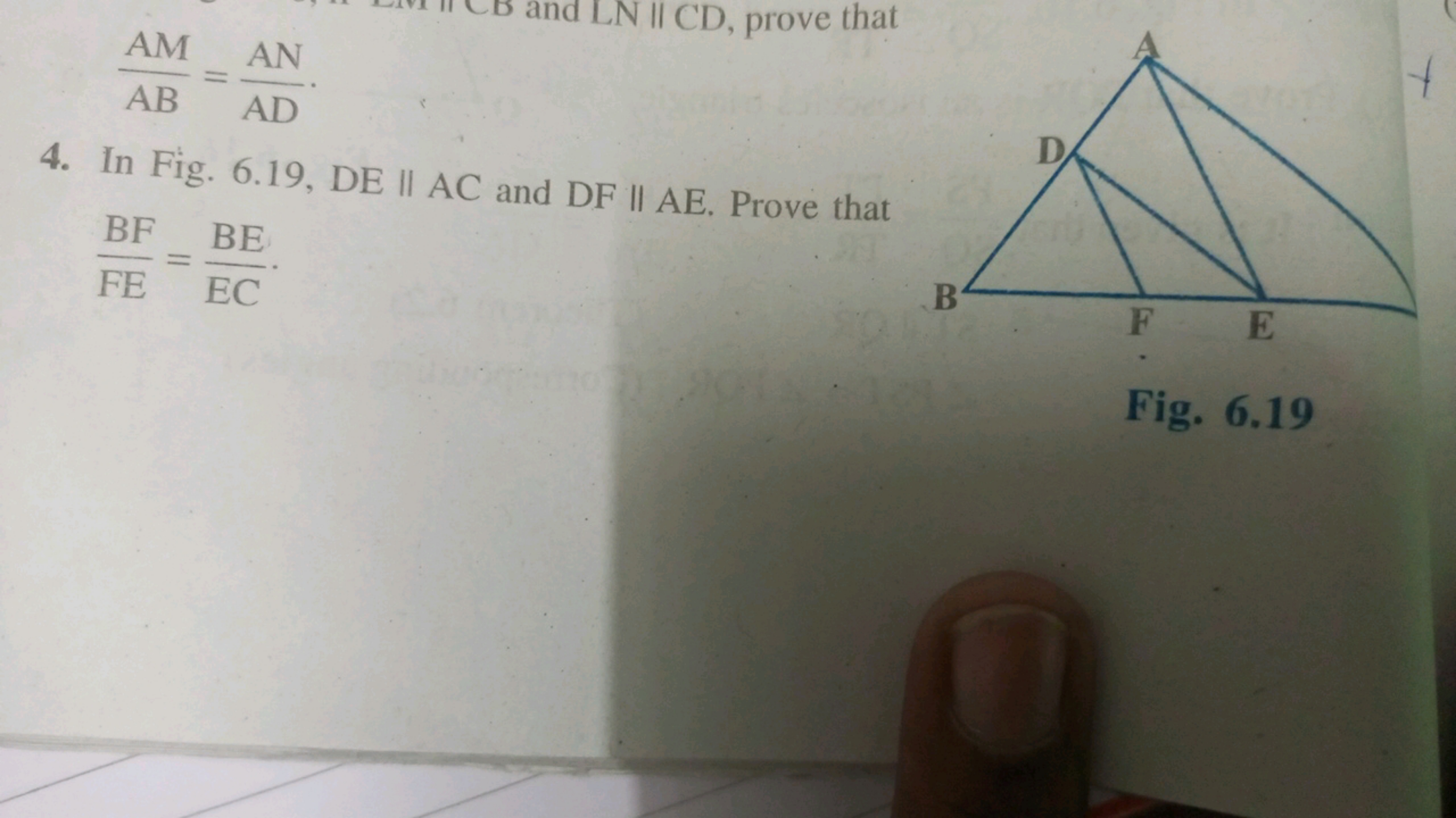 ABAM​=ADAN​
4. In Fig. 6.19, DE \| AC and DF∥AE. Prove that FEBF​=ECBE