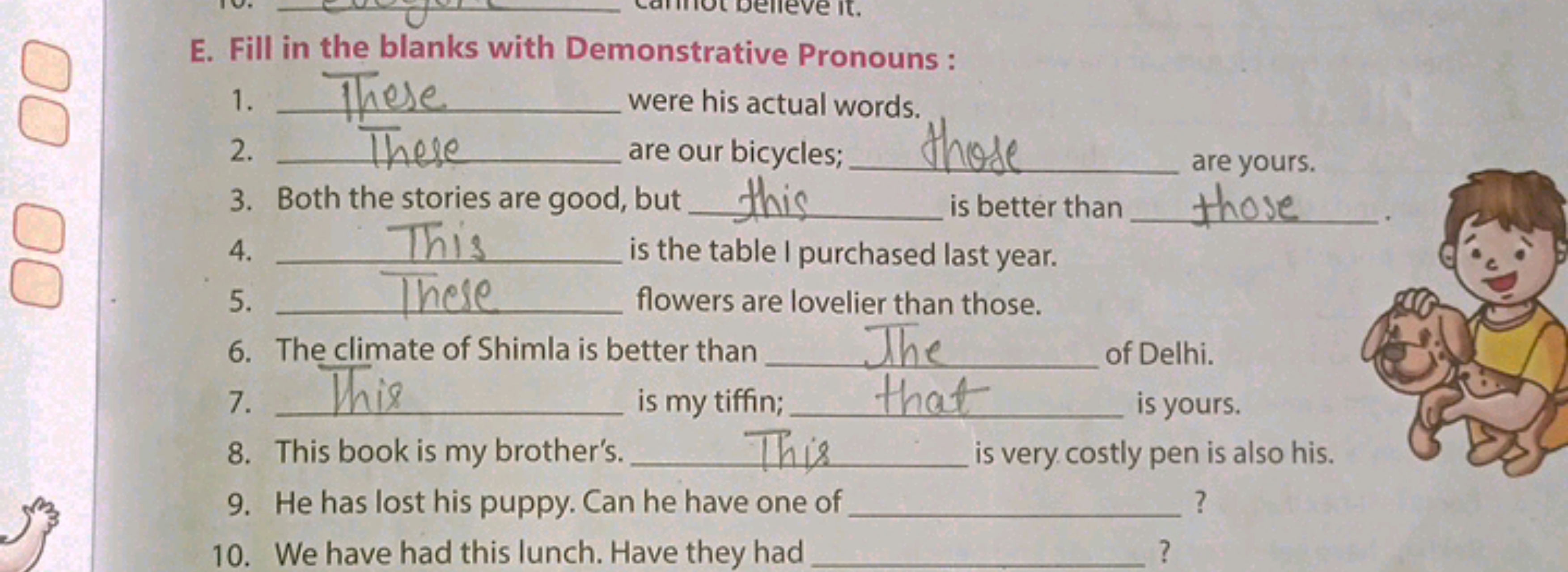 E. Fill in the blanks with Demonstrative Pronouns:
1. 
These  were his