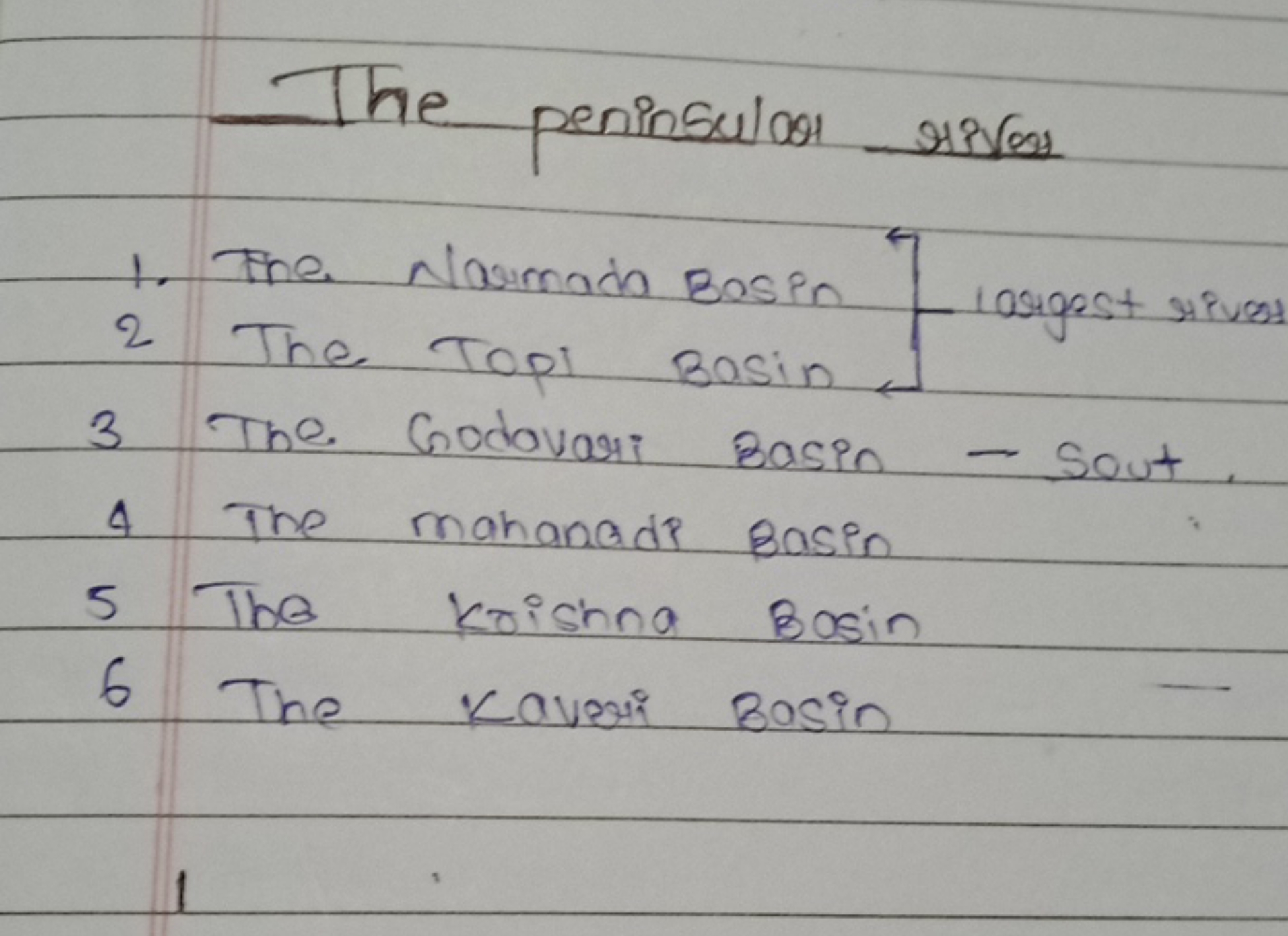 The peninsular river
1. The Narmada Basin 4 largest rives
2 The Topi B