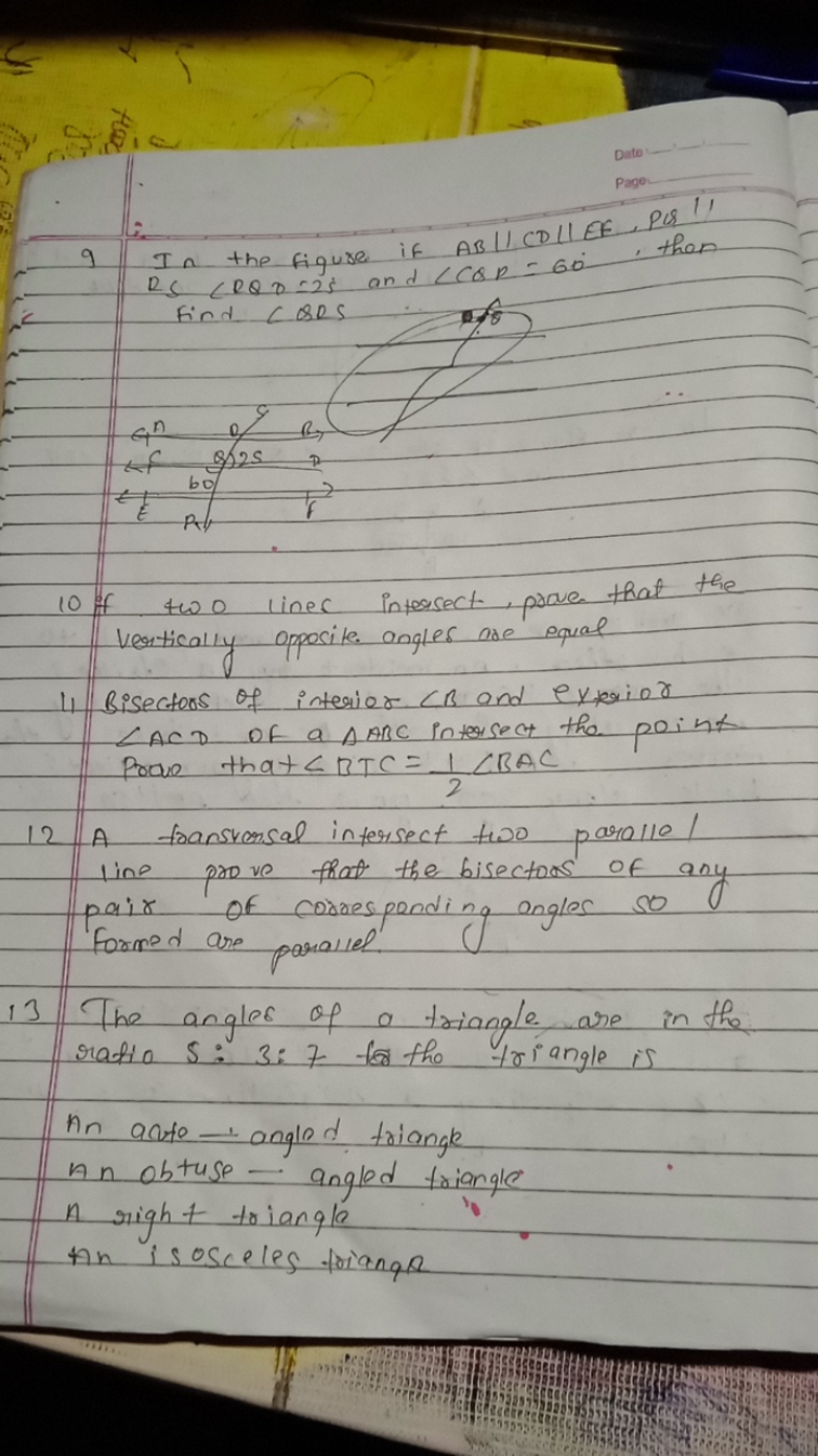 9 In the figure if AB∥CD∥EE,PQ∥′ R) ∠RQD=25∘ and ∠CQP=60∘, then Find C