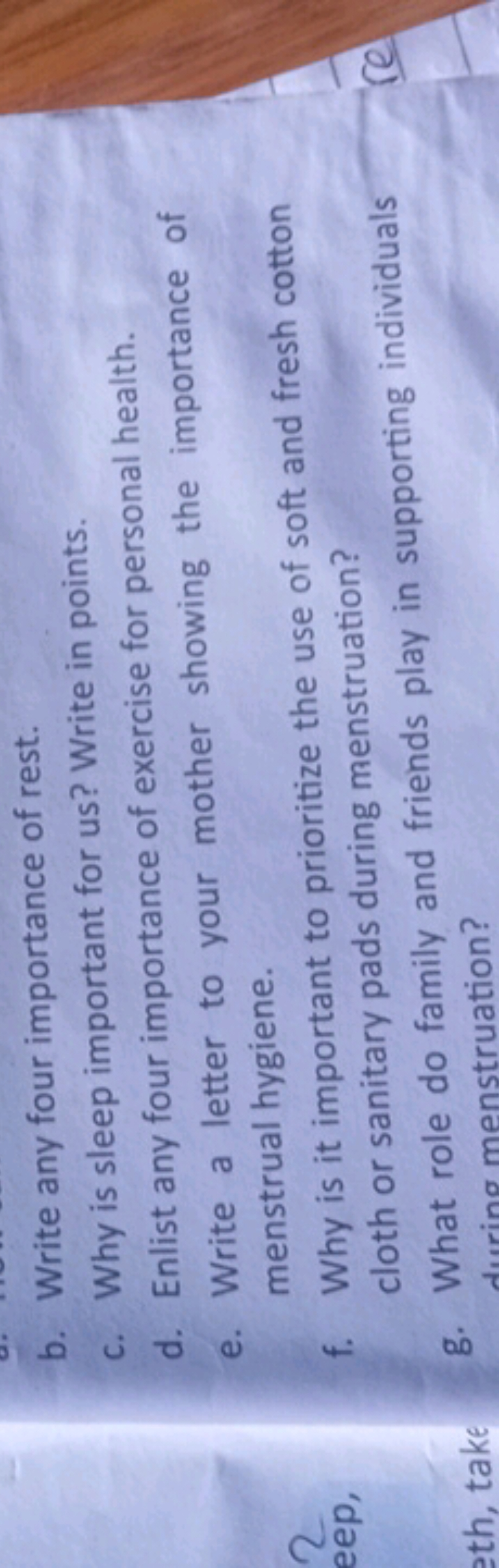 b. Write any four importance of rest.
c. Why is sleep important for us