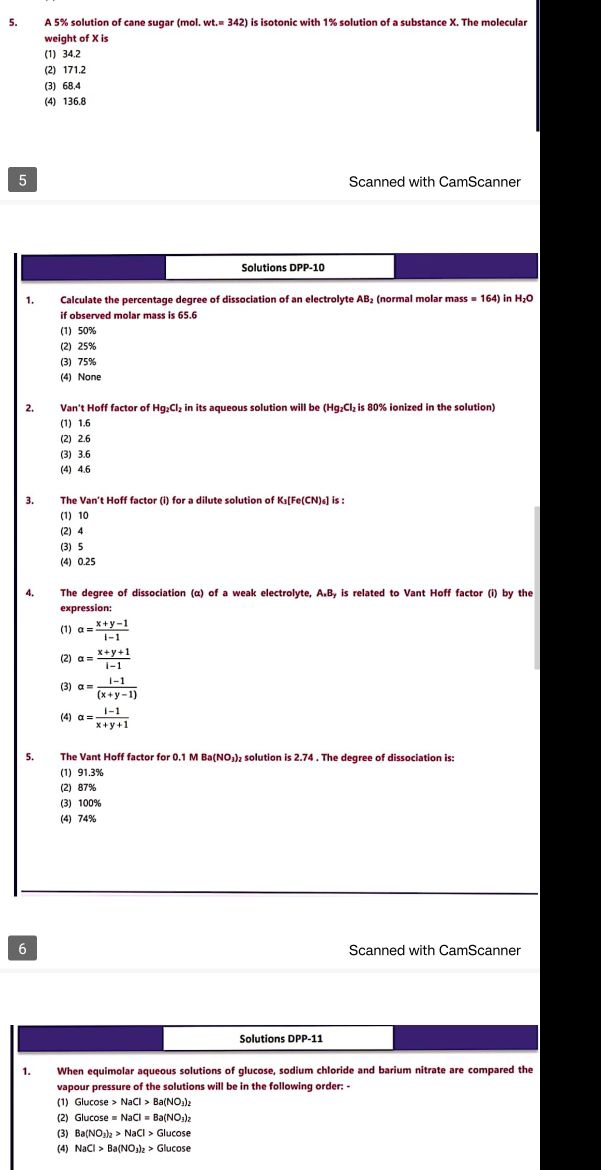 5. A 5% solution of cane sugar (mol. wt. =342 ) is isotonic with 1% so