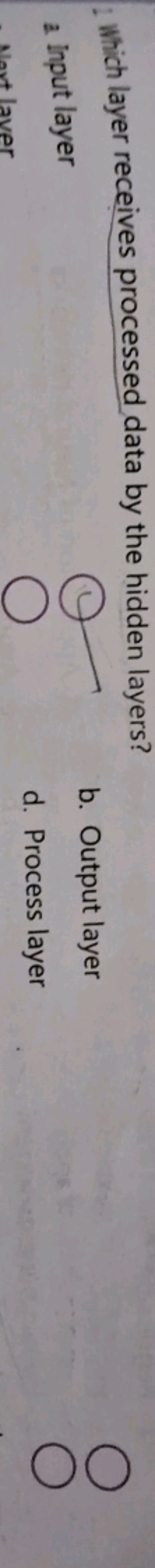 Which layer receives processed data by the hidden layers?
a Input laye