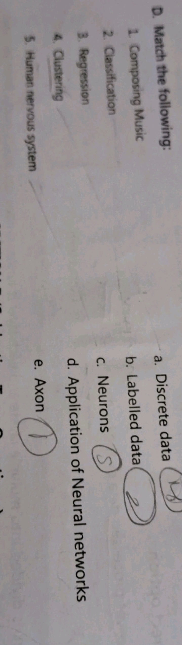 D. Match the following:
1. Composing Music
a. Discrete data □
2. Class