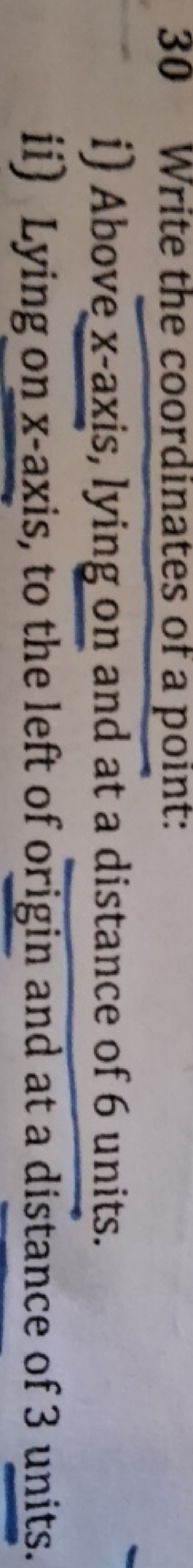 30 Write the coordinates of a point:
i) Above x-axis, lying on and at 