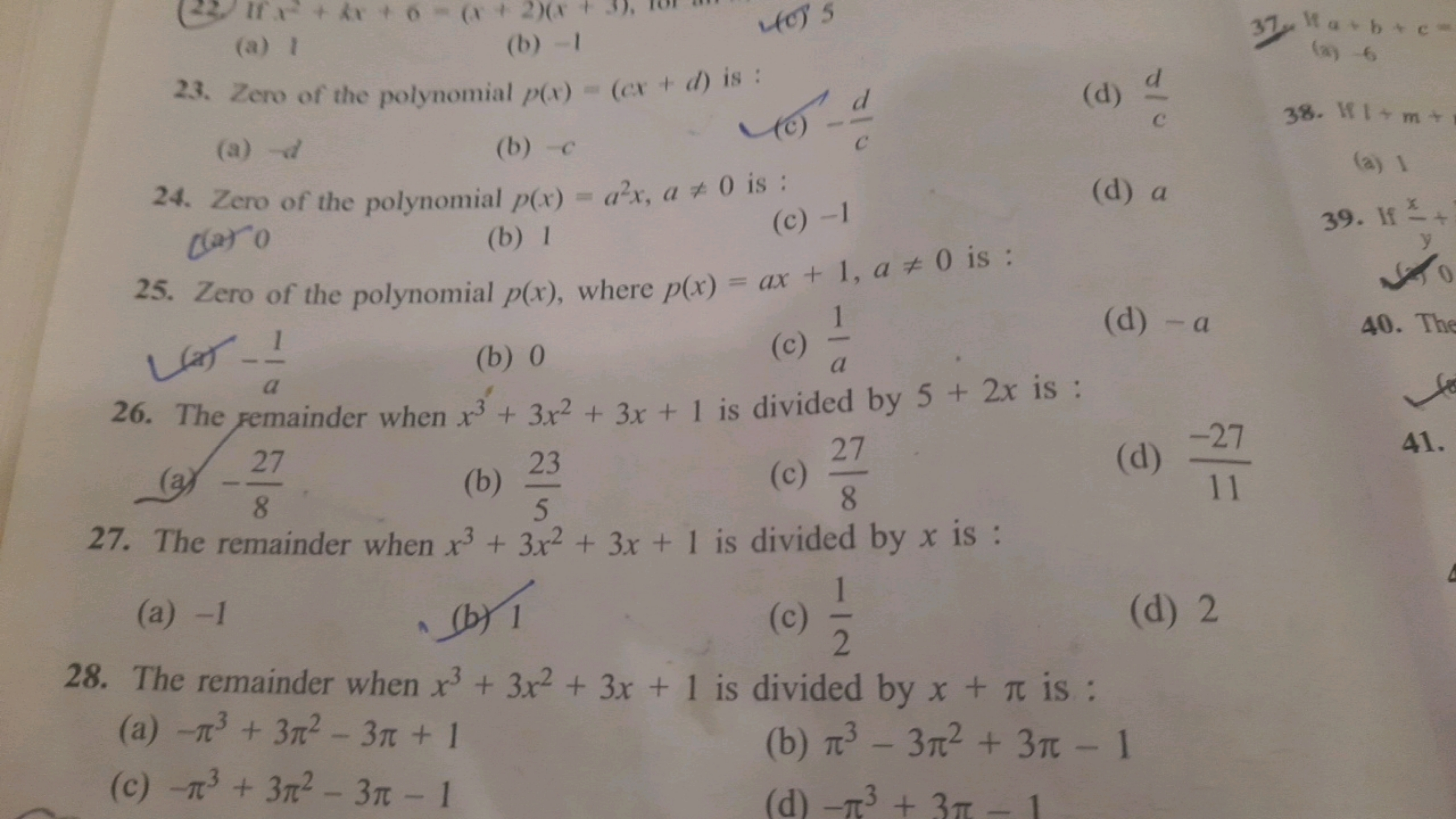 Ifa + kx+6=(x+2)(x
(a) 1
(b)-1
23. Zero of the polynomial p(x) = (cx +