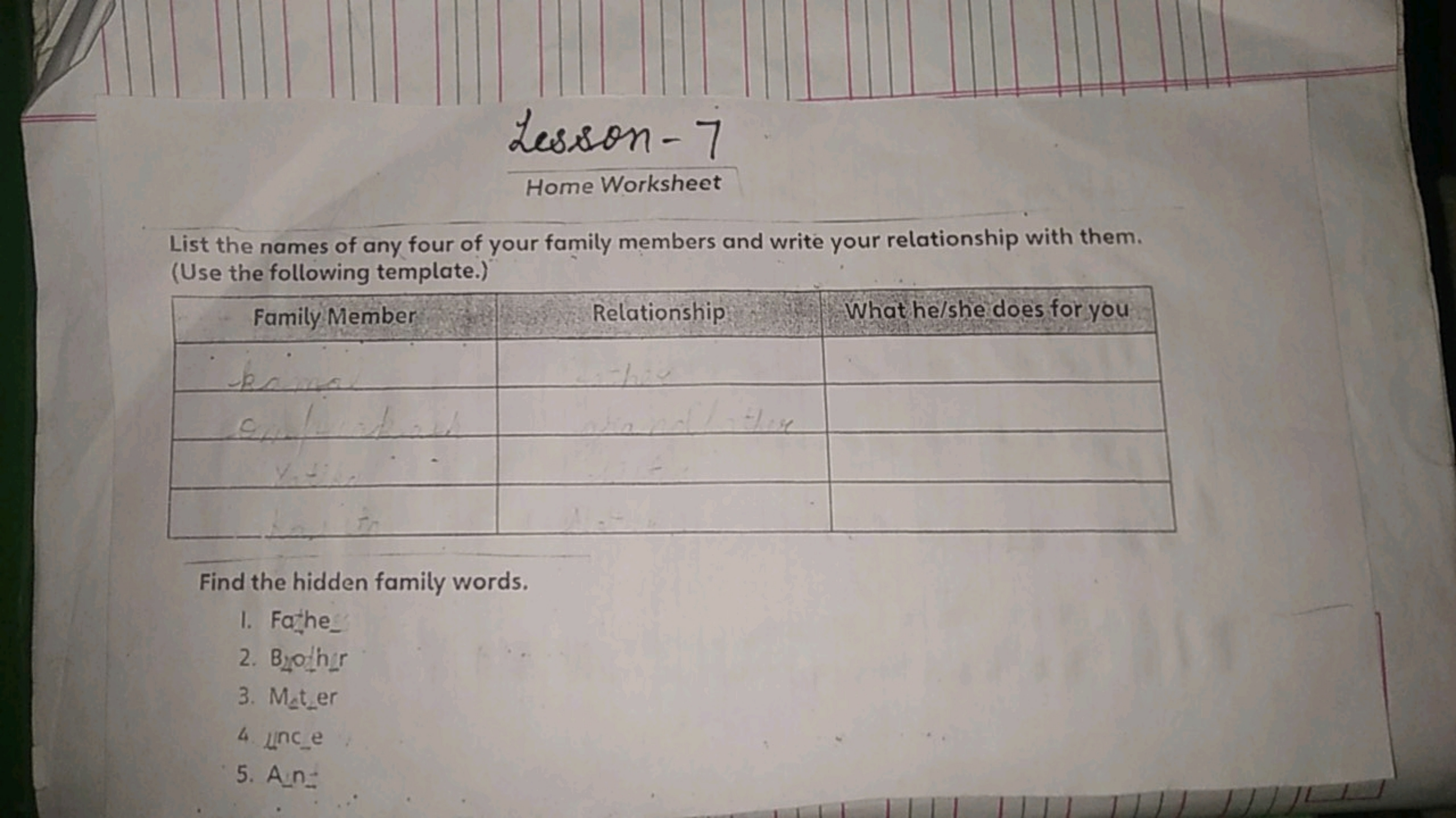 Lesson - 7
Home Worksheet
List the names of any four of your family me