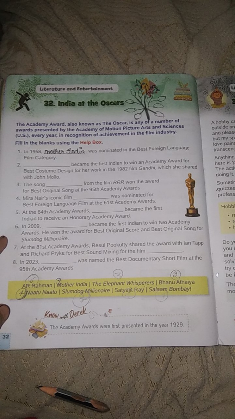 Literature and Entertainment
32. India at the oscars

The Academy Awar