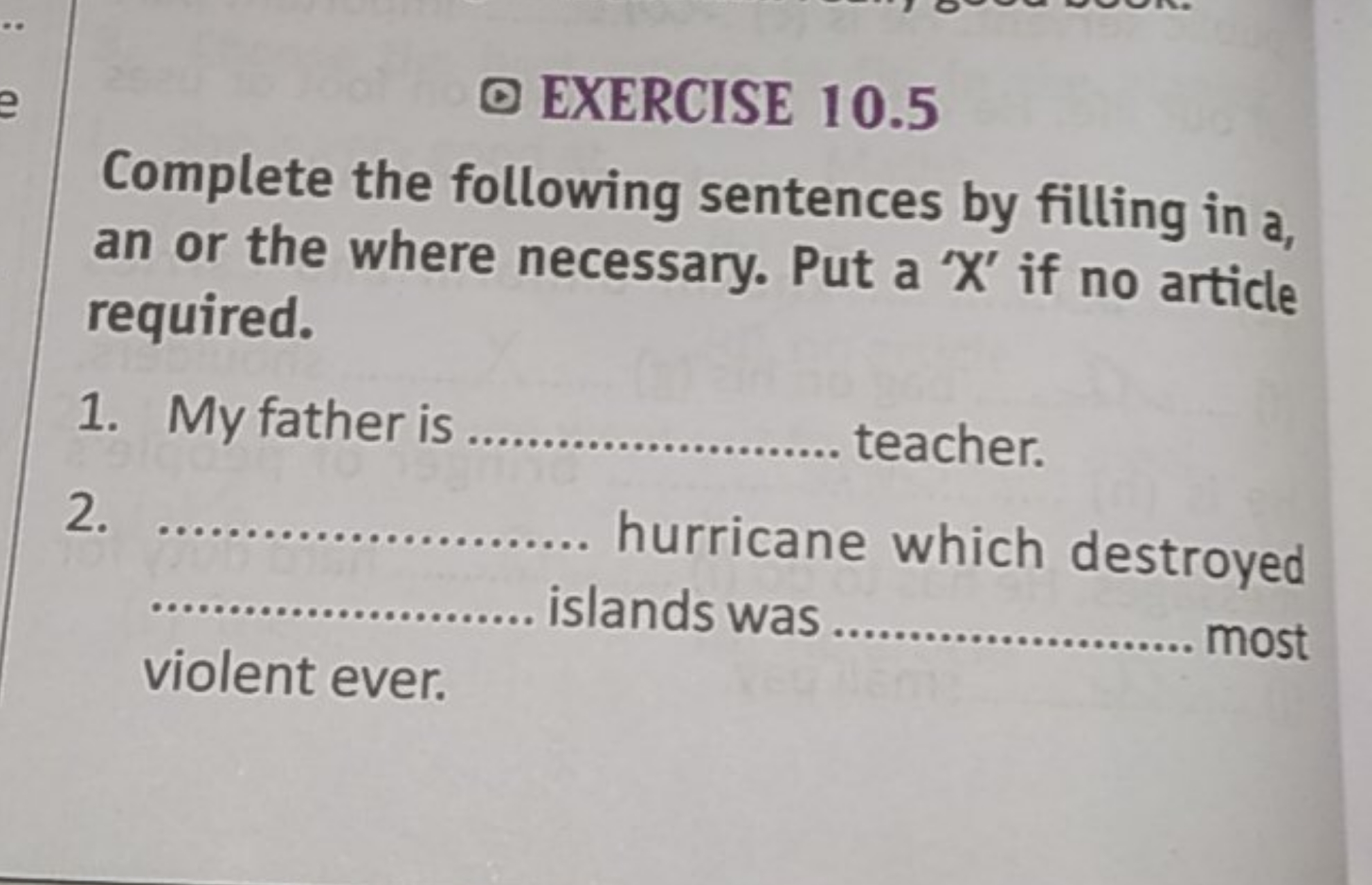 EXERCISE 10.5
Complete the following sentences by filling in a, an or 