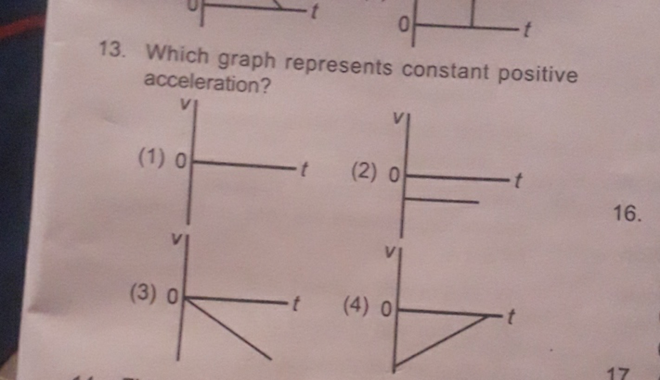 13. Which graph represents constant positive acceleration?
(1)
(2)
16.