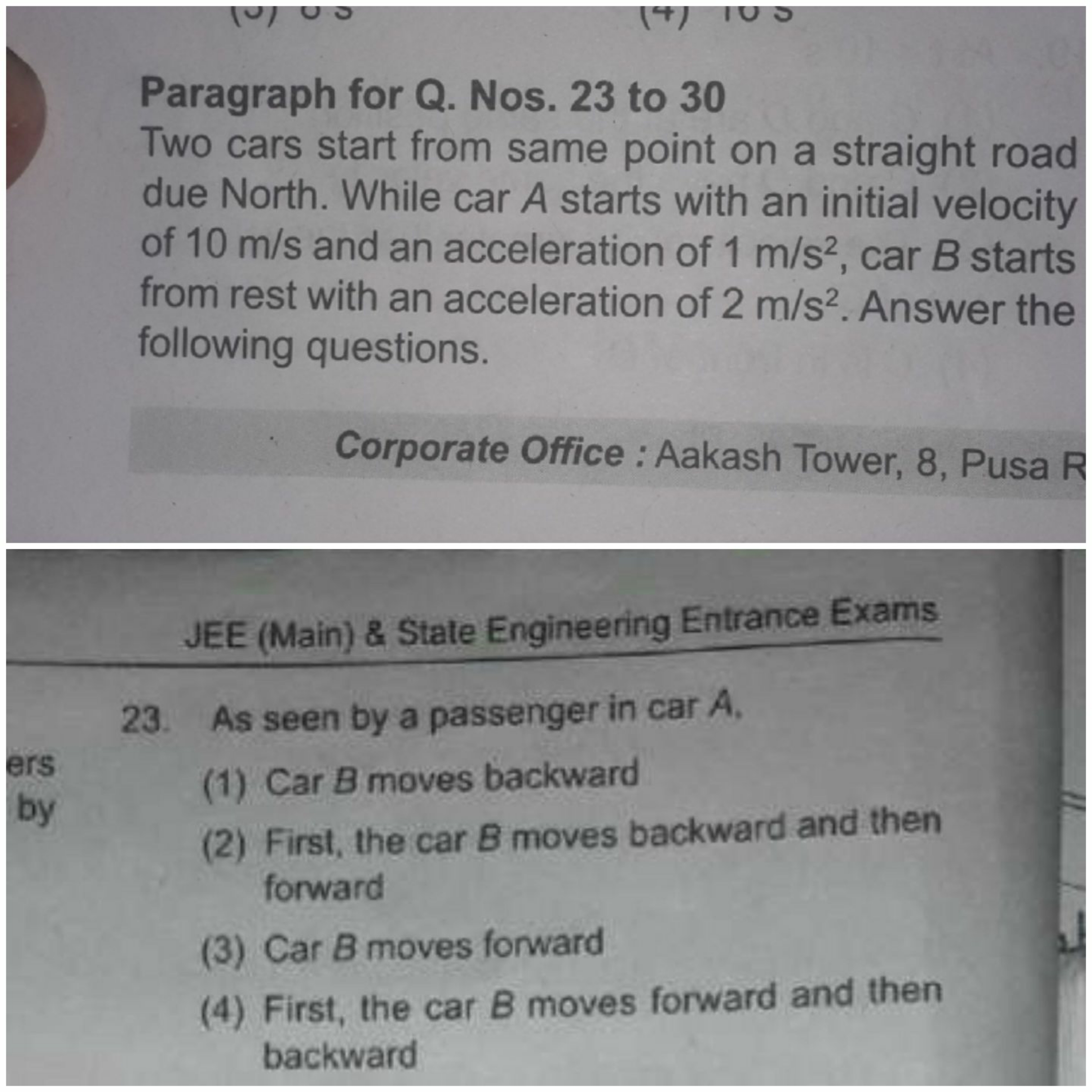 Paragraph for Q. Nos. 23 to 30
Two cars start from same point on a str