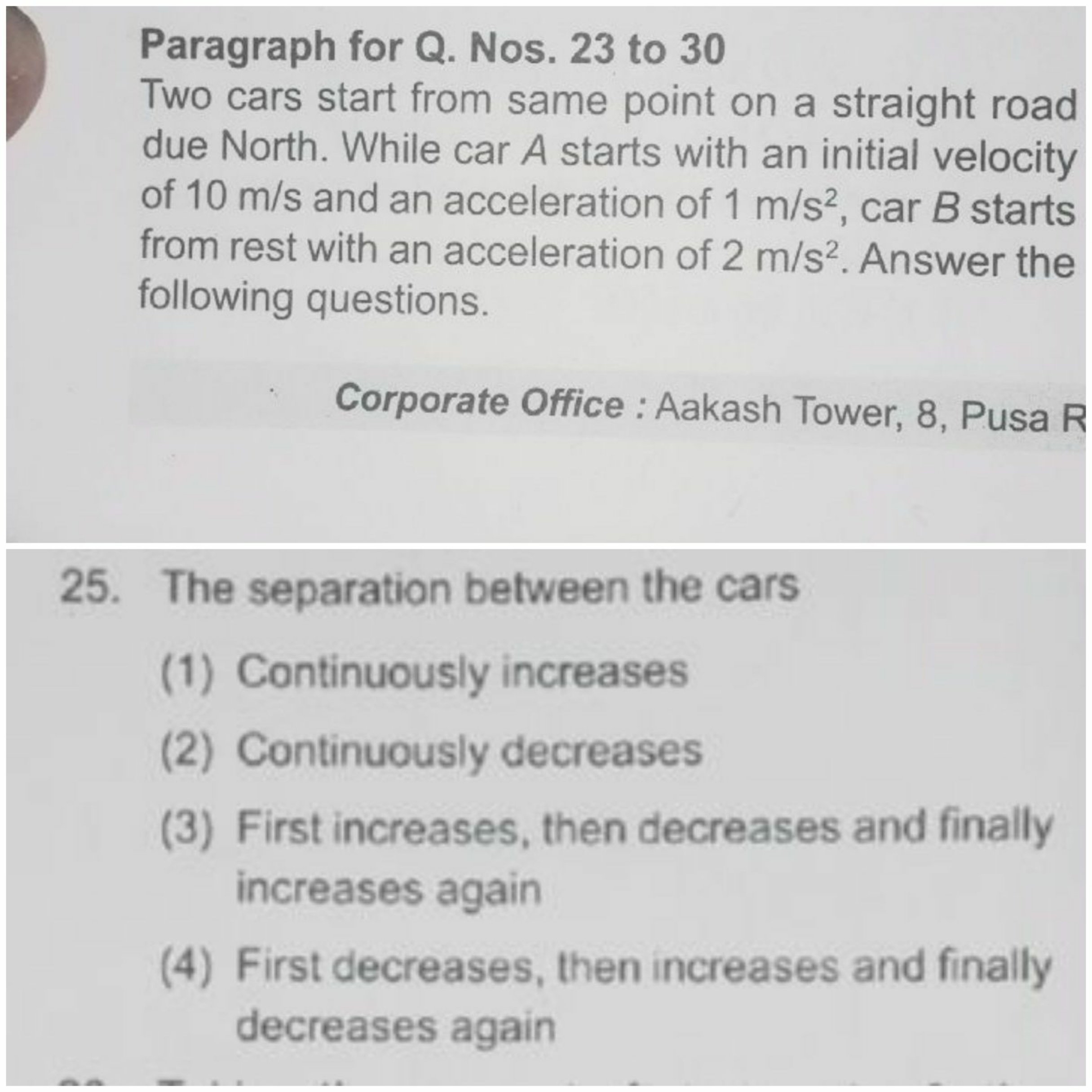 Paragraph for Q. Nos. 23 to 30
Two cars start from same point on a str