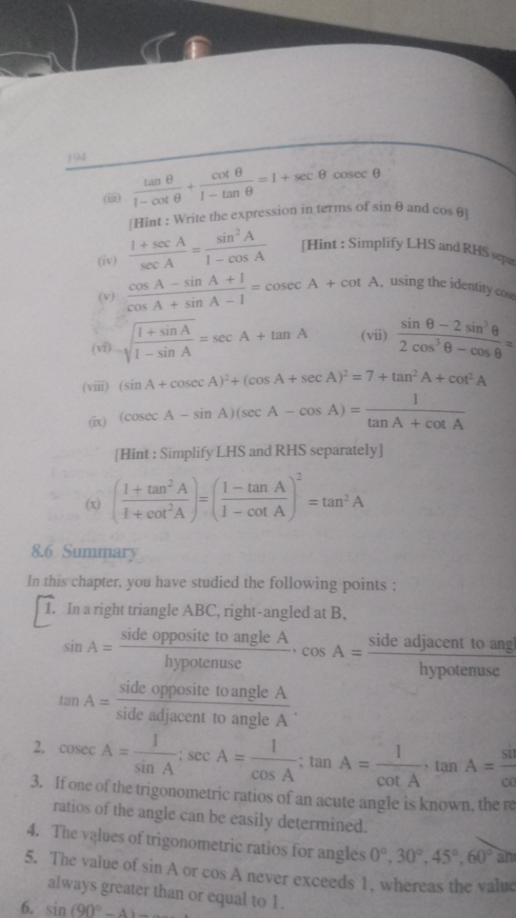 194
(ii) 1−cotθtanθ​+1−tanθcotθ​=1+secθcosecθ
[Hint : Write the expres