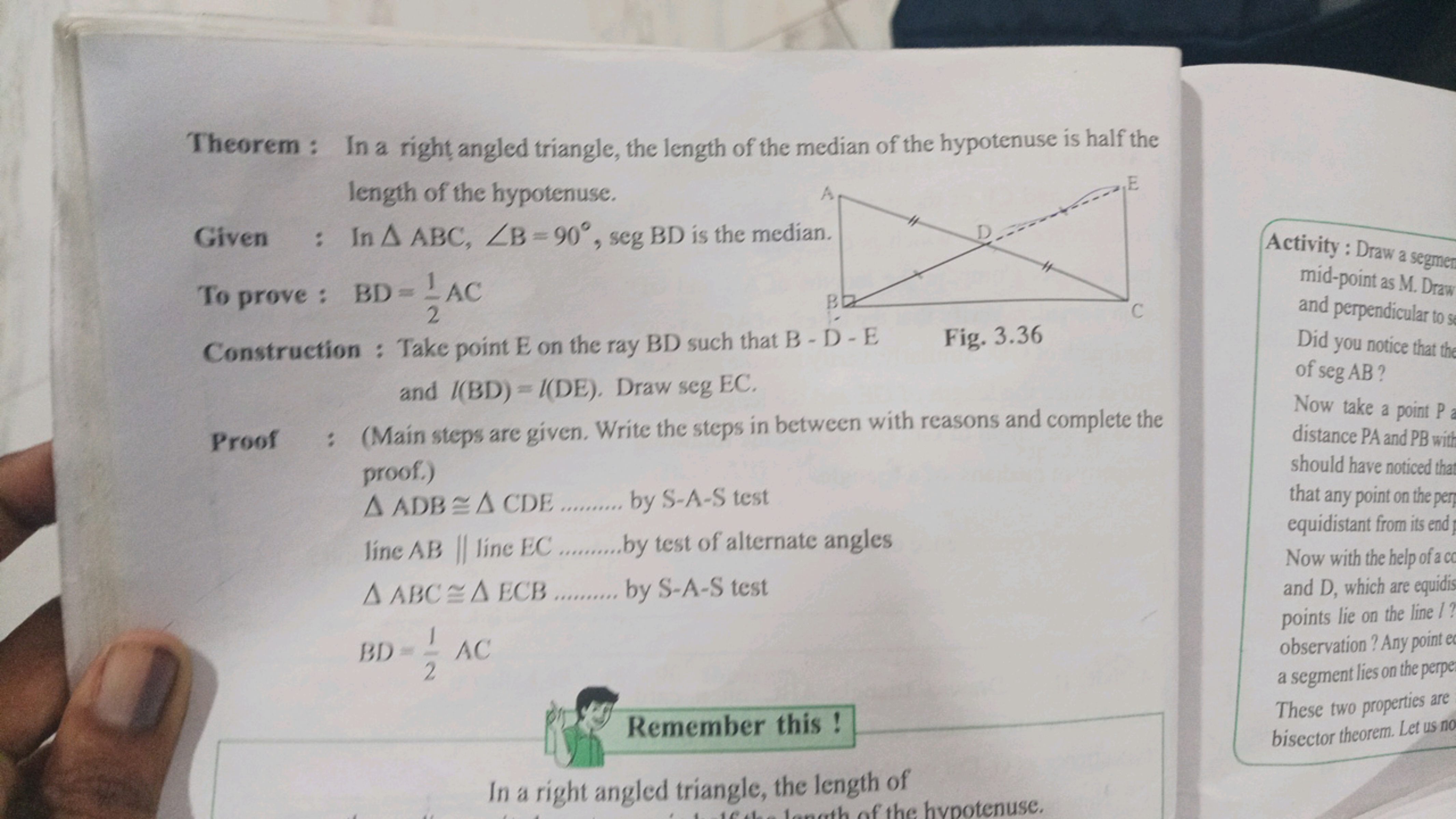 Theorem: In a right angled triangle, the length of the median of the h