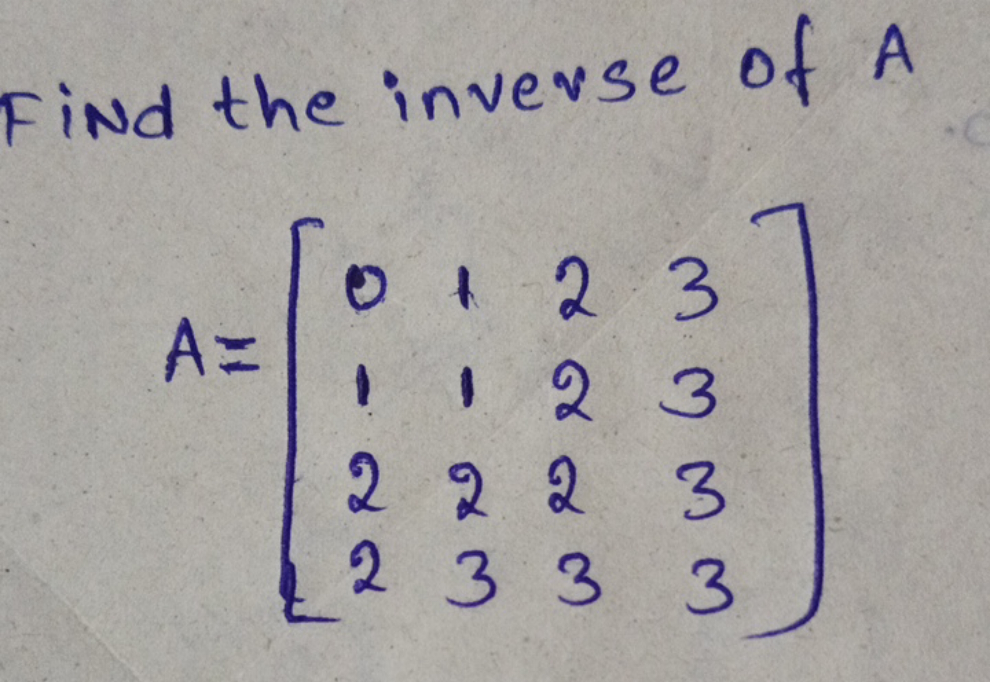 Find the inverse of A
\[
A = \left[ \begin{array} { l l l l } 
0 & 1 &