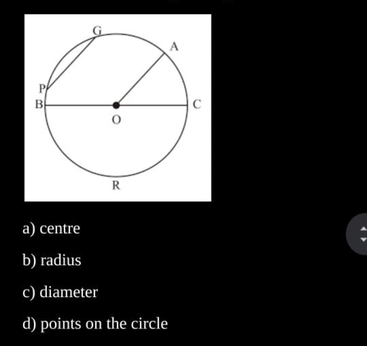 a) centre
b) radius
c) diameter
d) points on the circle