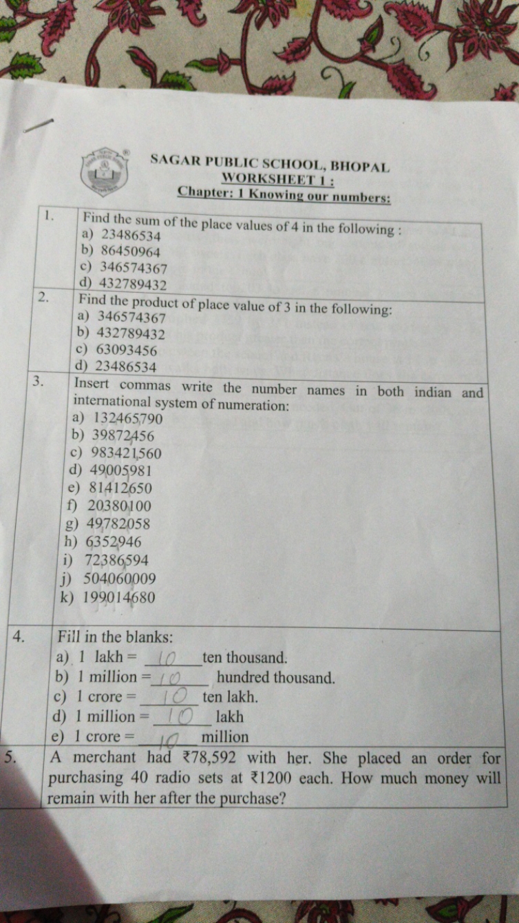 SAGAR PUBLIC SCHOOL, BHOPAL
WORKSHEET 1 :
Chapter: 1 Knowing our numbe