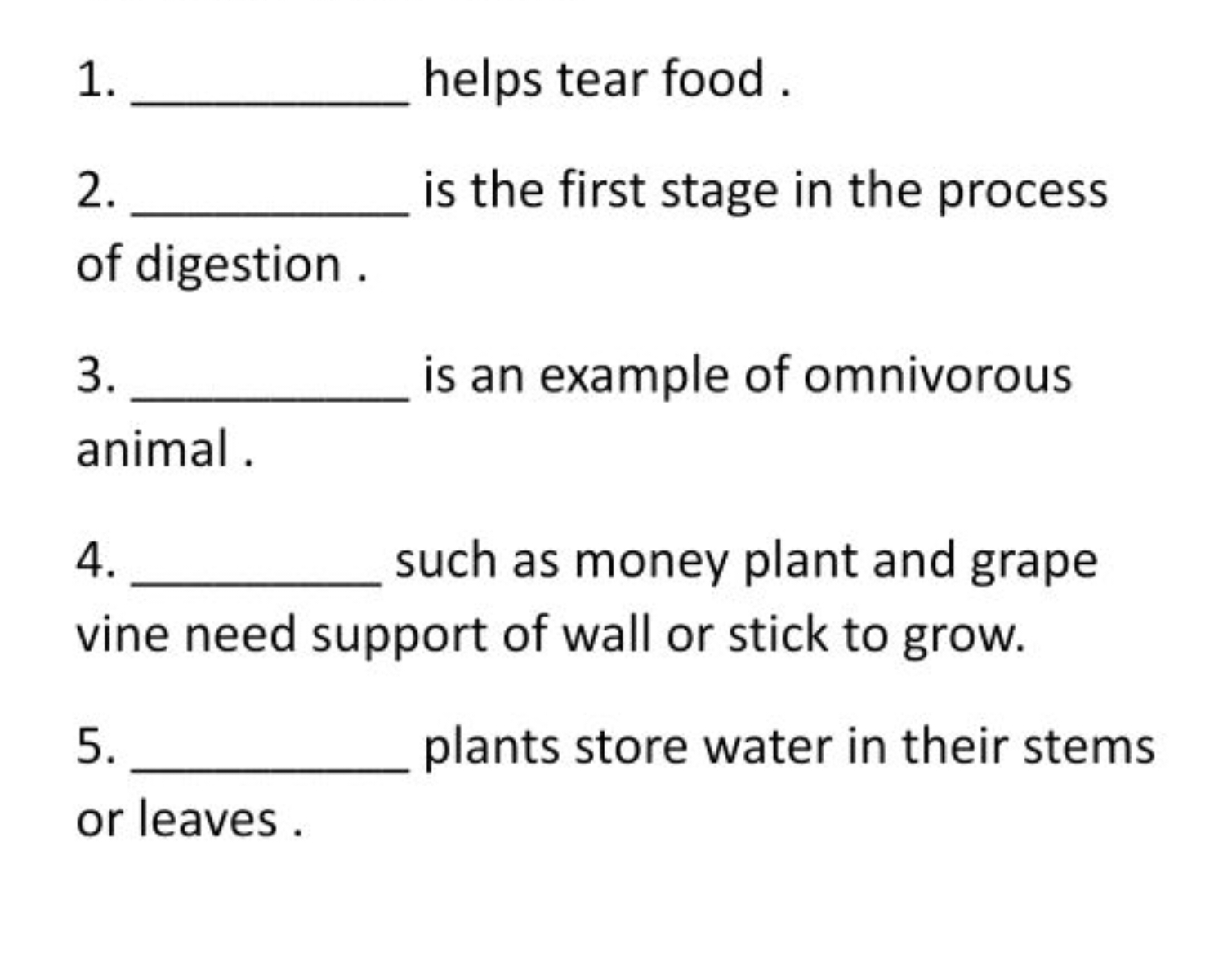 1.  helps tear food .
2.  is the first stage in the process of digesti