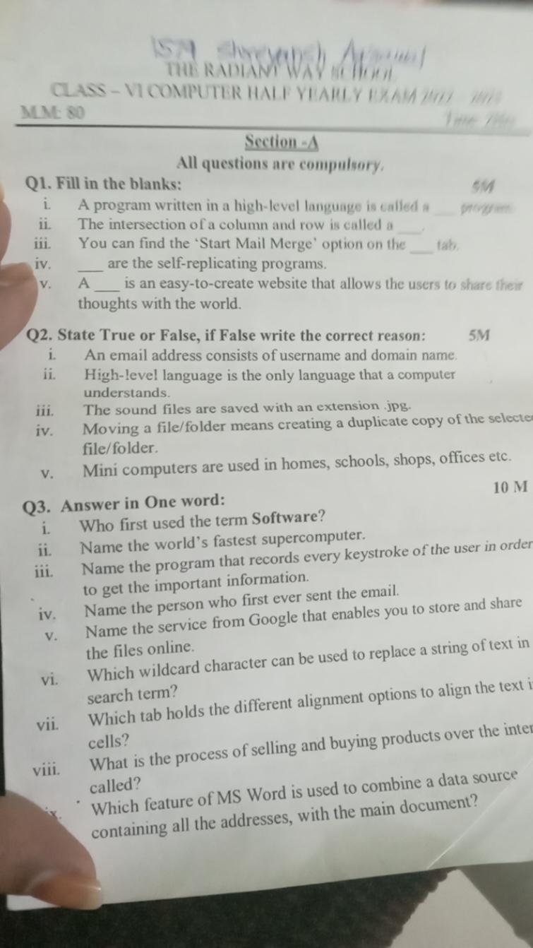 TiE Radian i Way molouet
CLASS - 11 COMPUTER HALF VIAL Y EXAM
MME 80
S