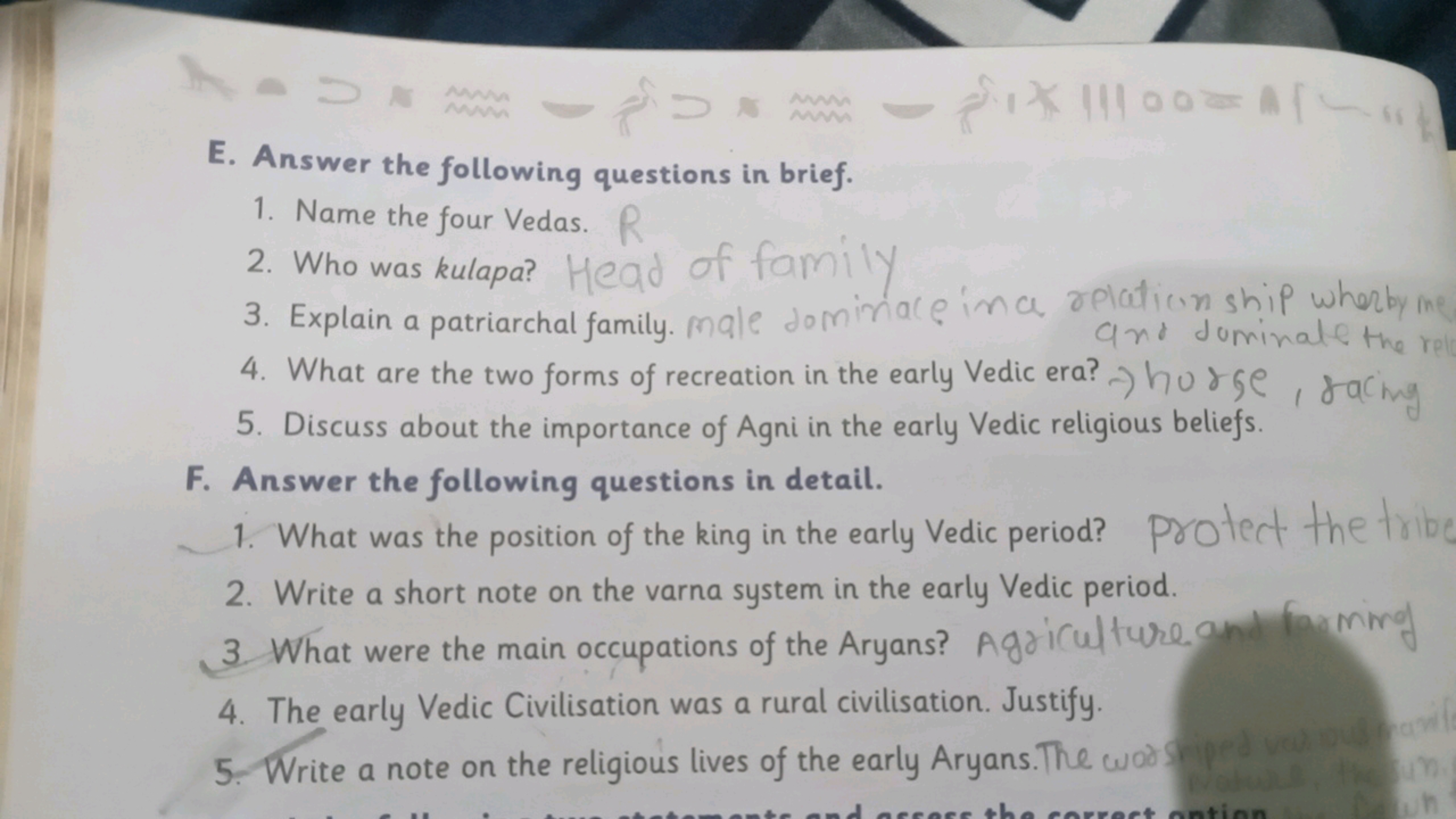 E. Answer the following questions in brief.
1. Name the four Vedas.
2.